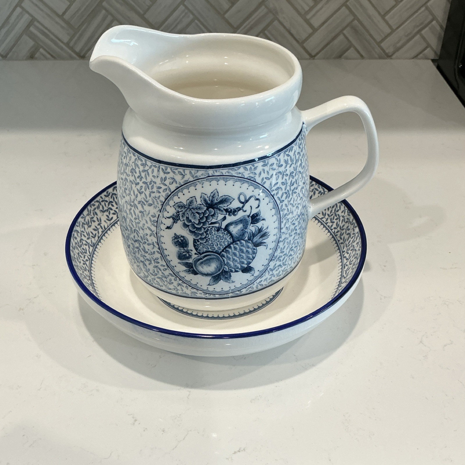 Blue & White Floral Ceramic Handled Pitcher/Creamer w/ Round Saucer Set (2)
