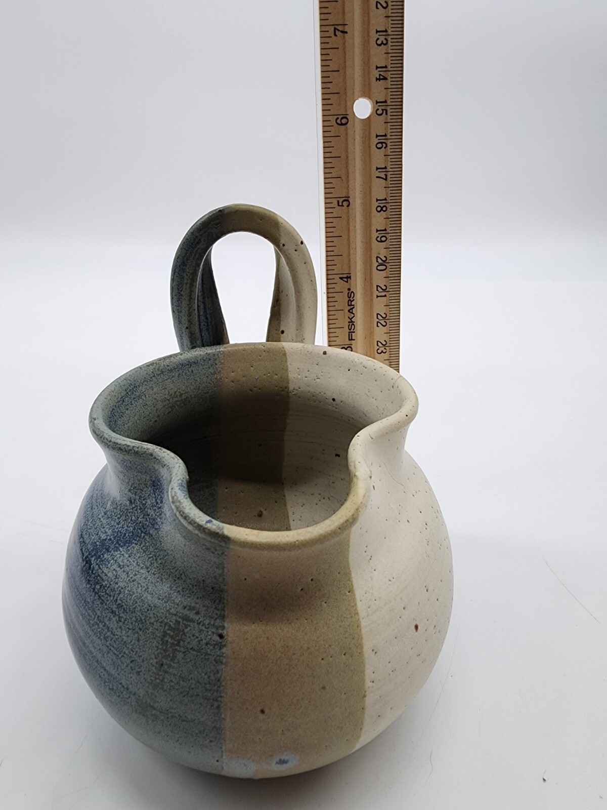 Art Pottery Small Pitcher creamer Signed Blue Tan white unique Shape