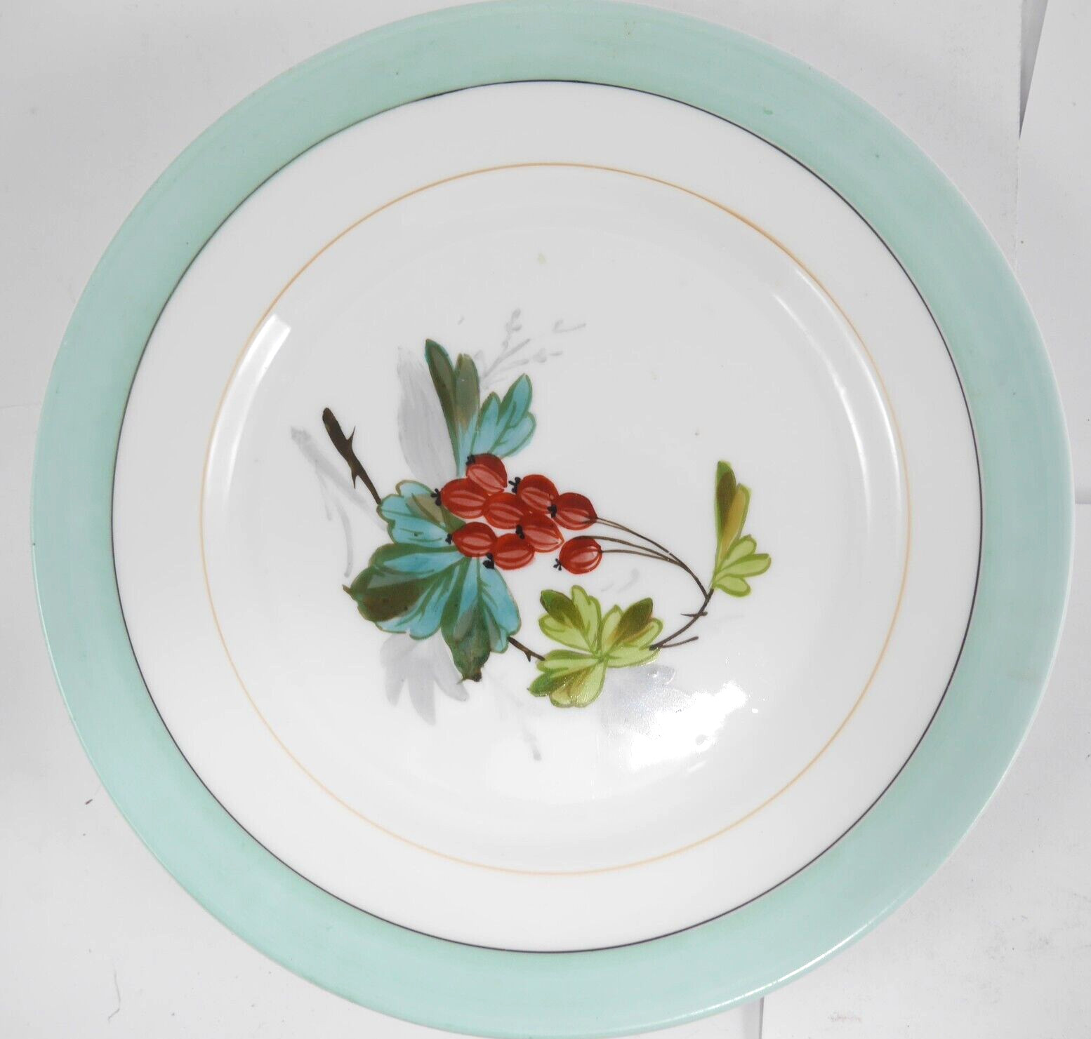 Vintage Red Berries Salad Plate 7 1/2 Pastel Turquoise Border Painted