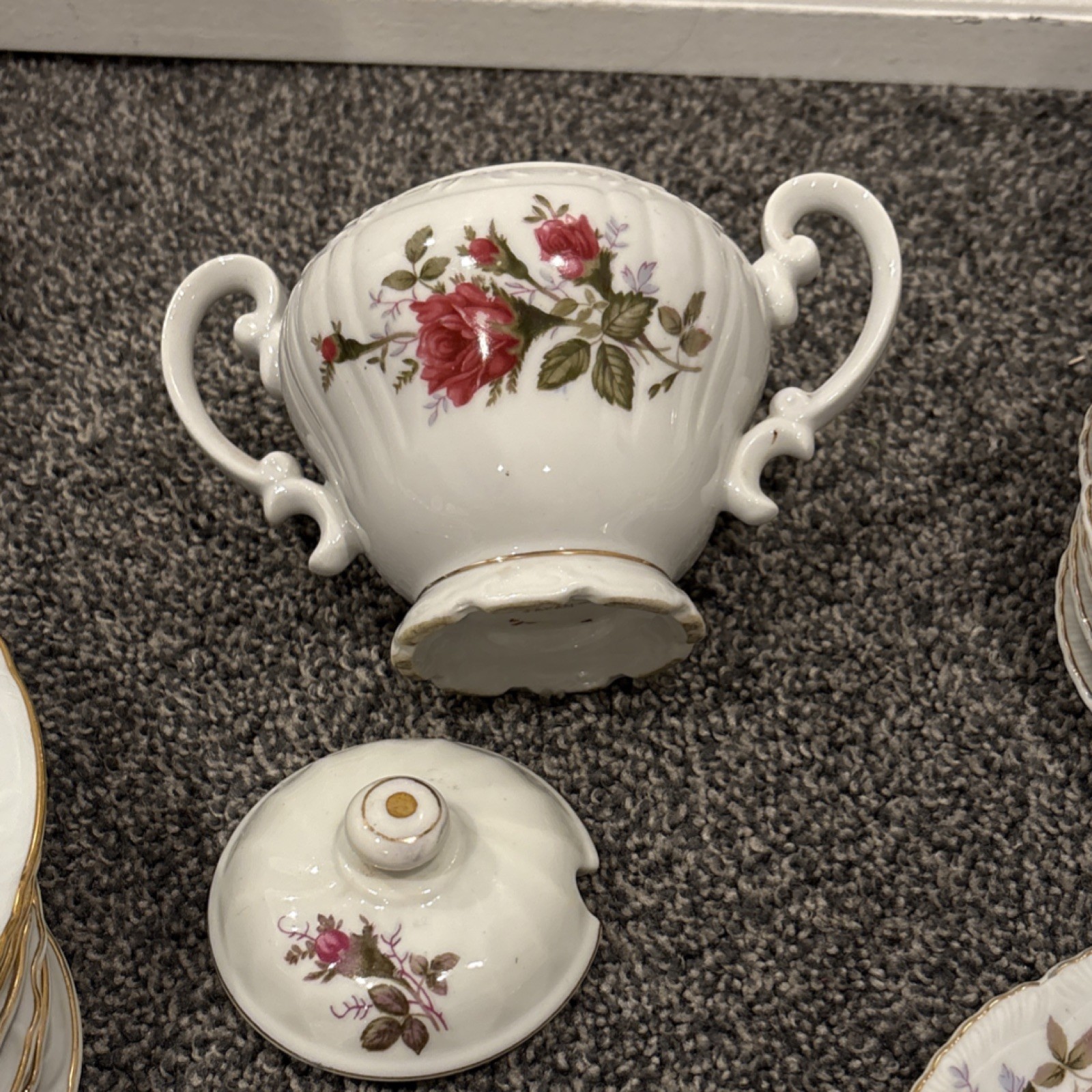 Unmarked Porcelain Floral Dinner Set White/Pink/Green w/ Gold Trim Teapot