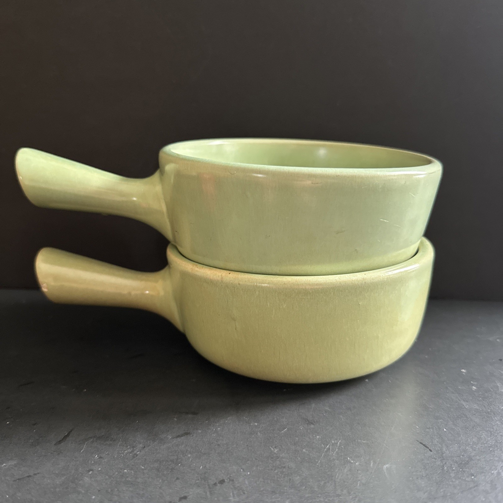 2 Vtg La Solana Pottery Handled Soup Bowls Green Matte MCM Ovenware