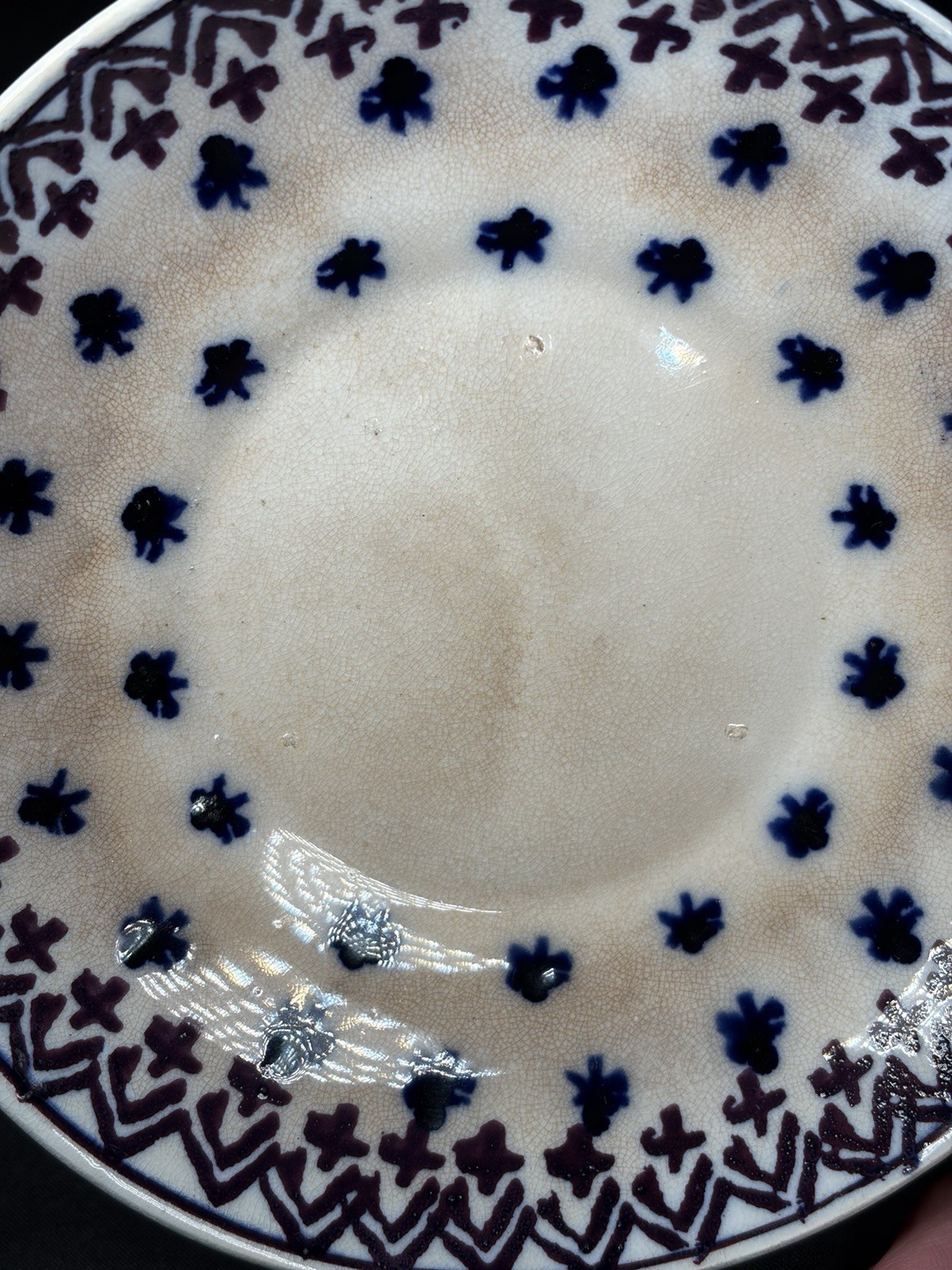 Antique Staffordshire Flow Blue Amish Snowflake Handleless Cup Saucer c1840