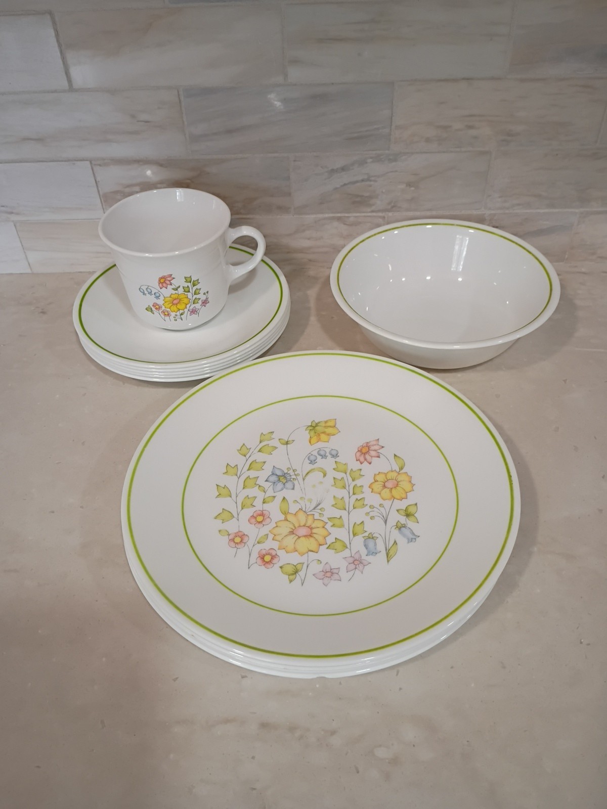 12 CORELLE DISH Lot Spring 5 Salad PLATES 1 Bowl 5 Saucers 1 Tea Coffee Cup