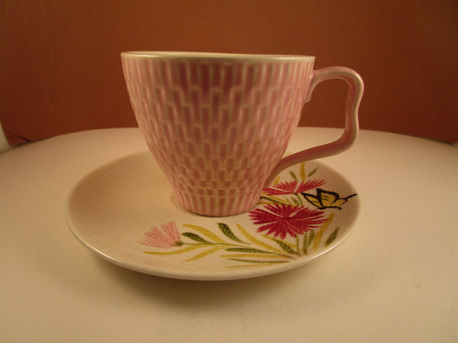 Vintage Red Wing Pottery Pink Spice Hand Painted Set of 3 Tea Cups & Saucers A