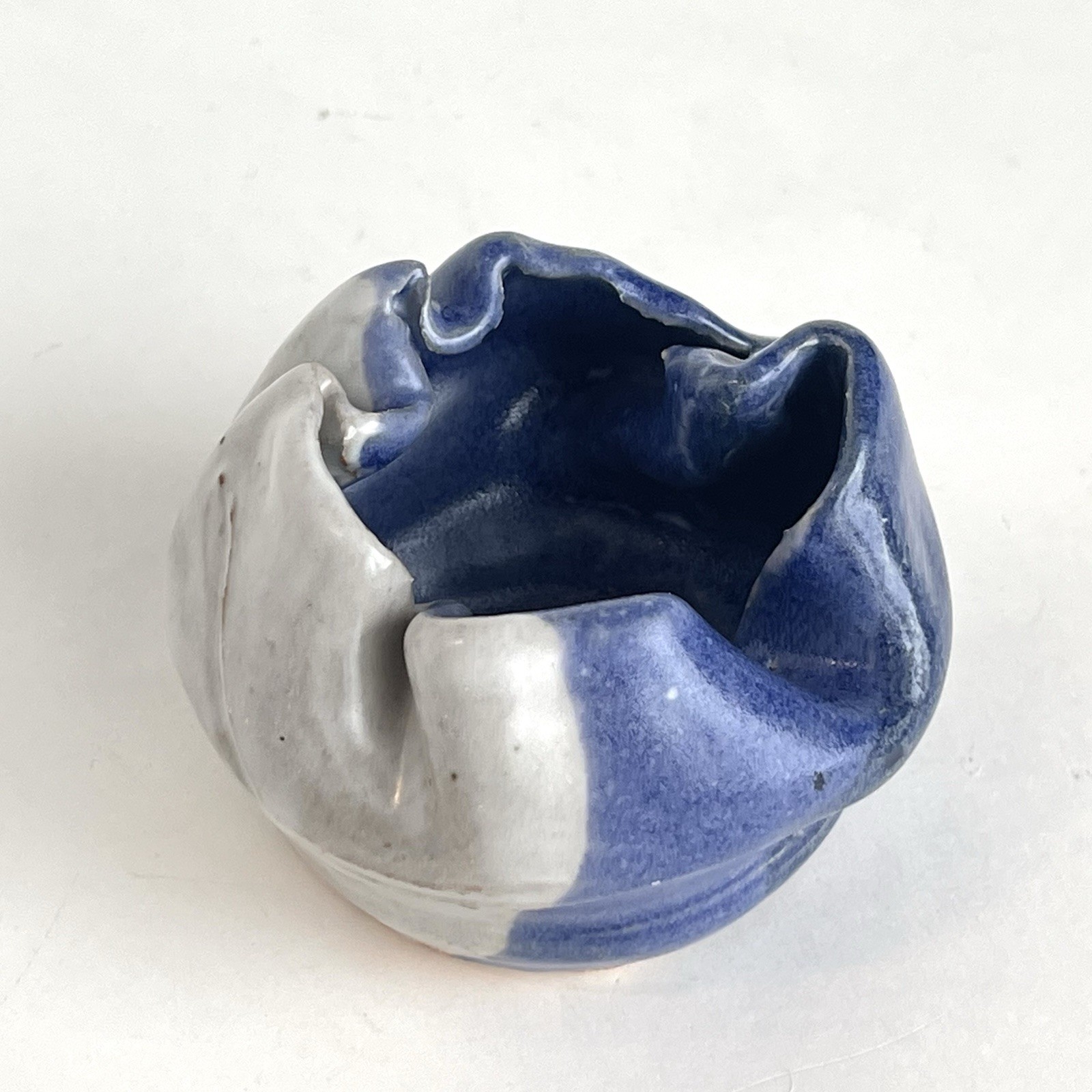 Ruffled Asymmetrical Edge Mini Art Pottery Bowl Hand Thrown Blue Gray Signed A T
