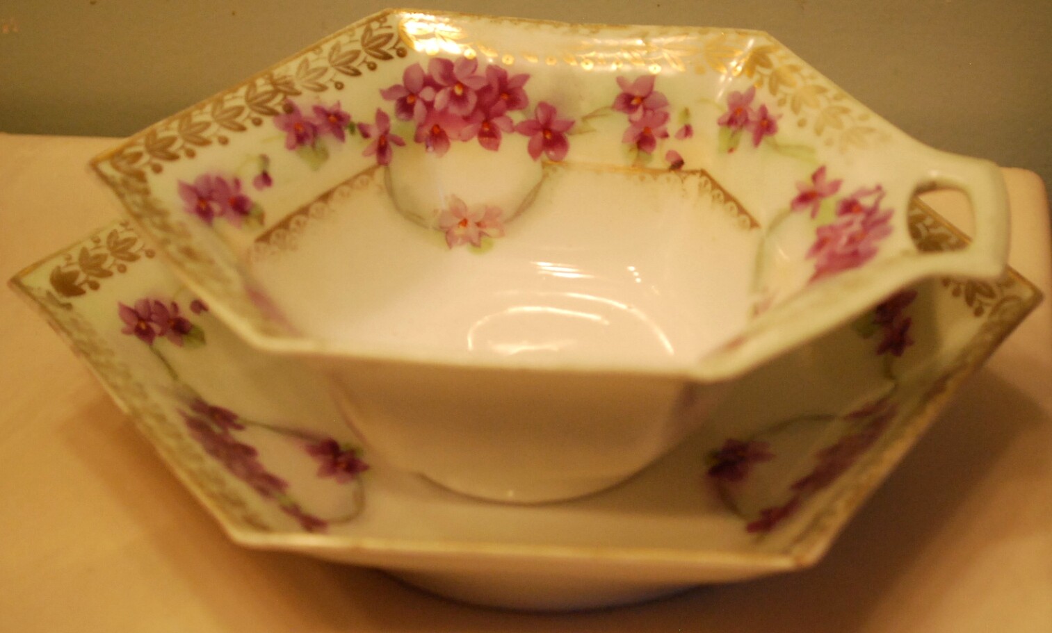 Set 2 HAND PAINTED VIOLETS Antique Prussia Hexagonal Porcelain CANDY Dishes