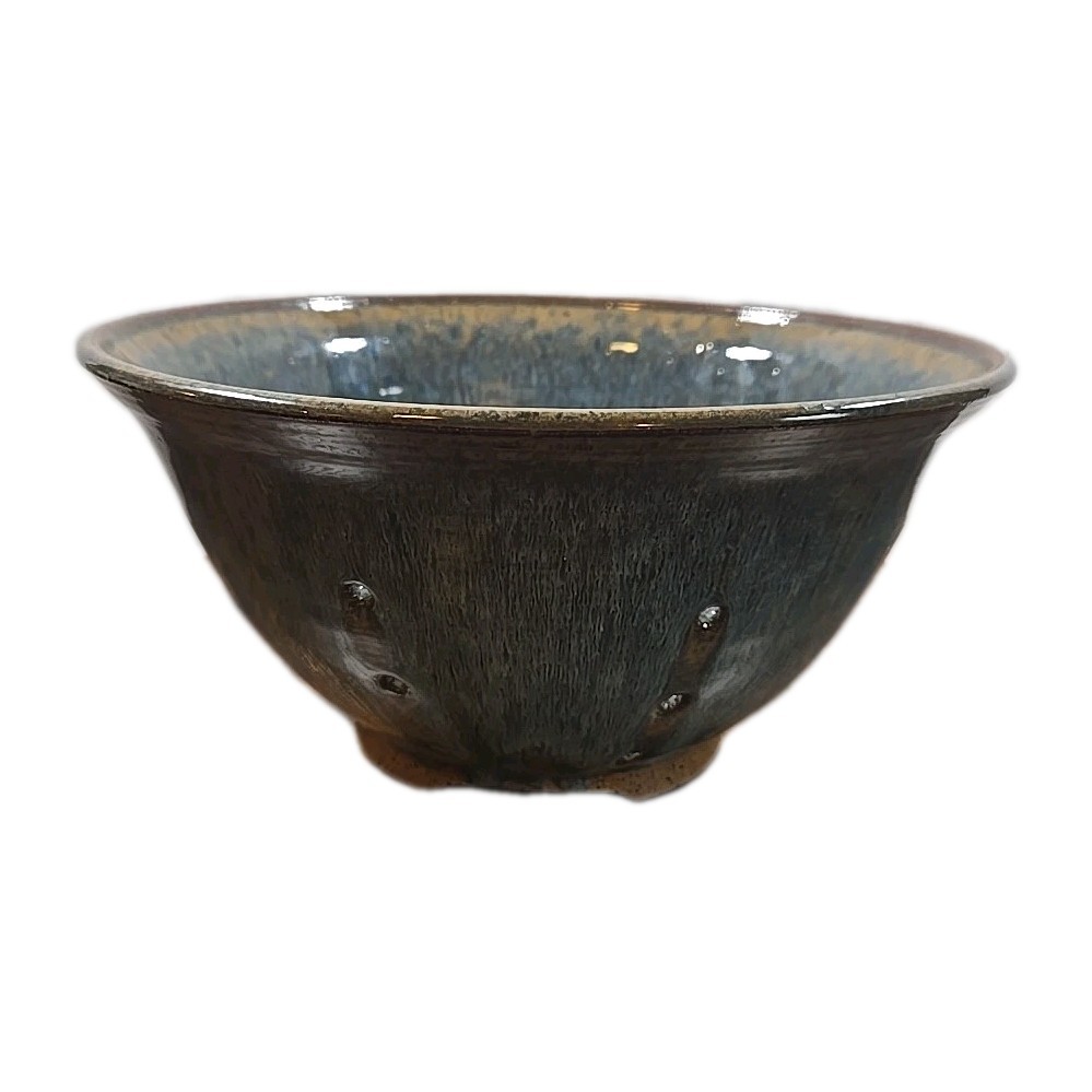 Glazed Pottery Vegetable Strainer Bowl Blue Beige Colander Heavy Kitchenware