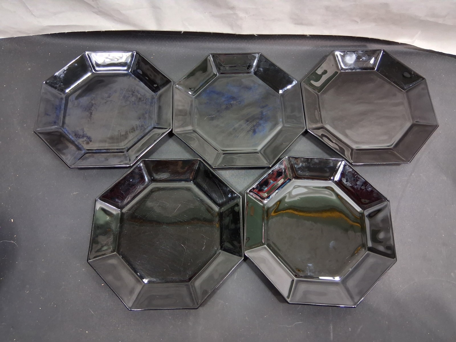 5 Vintage Arcoroc Lunch Salad Plates Octime Black Octagon France 1960’s