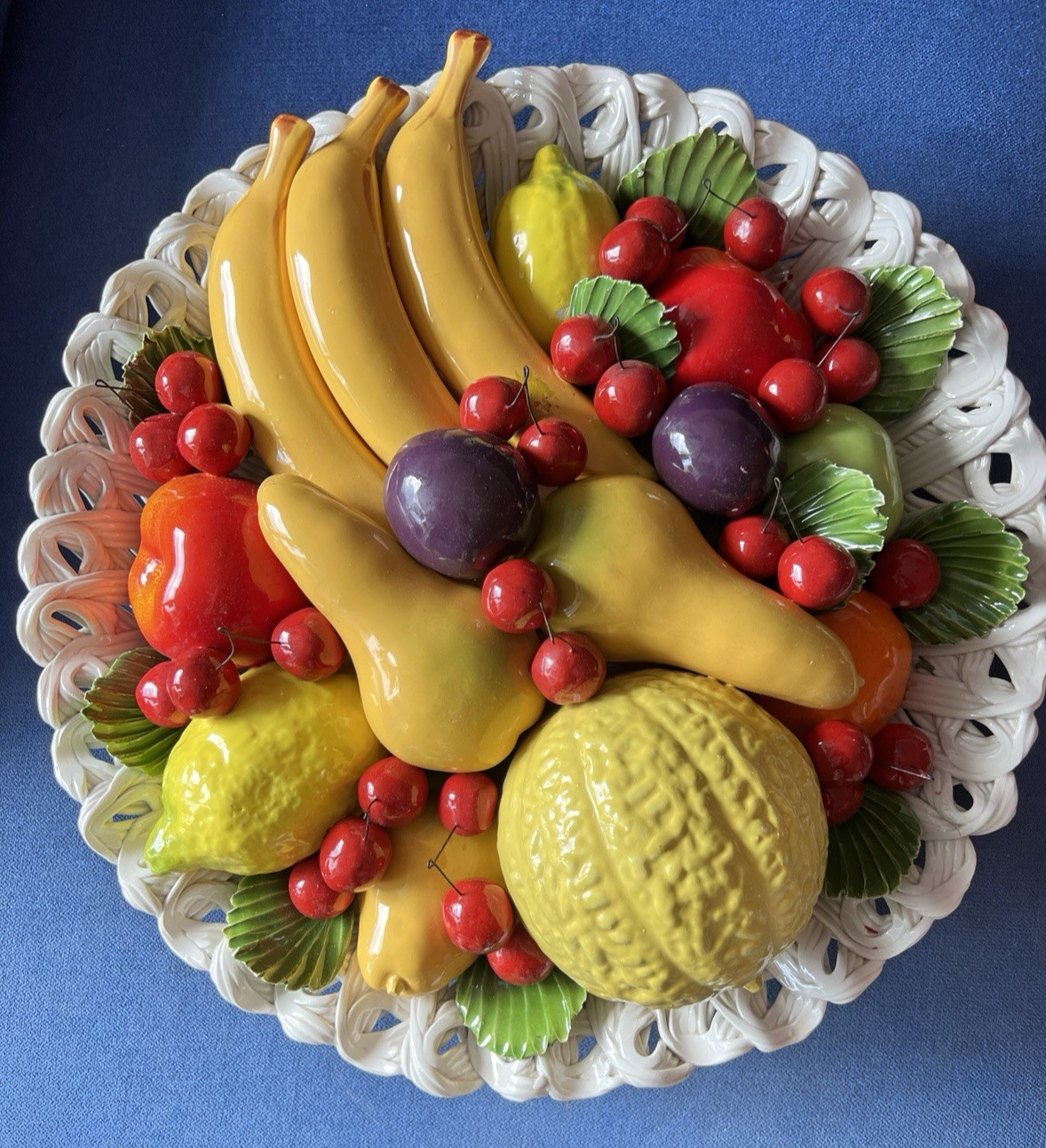 1960s Italian Capodimonte Ceramic Fruit Centerpiece 17”D ITALY MCM Colorful