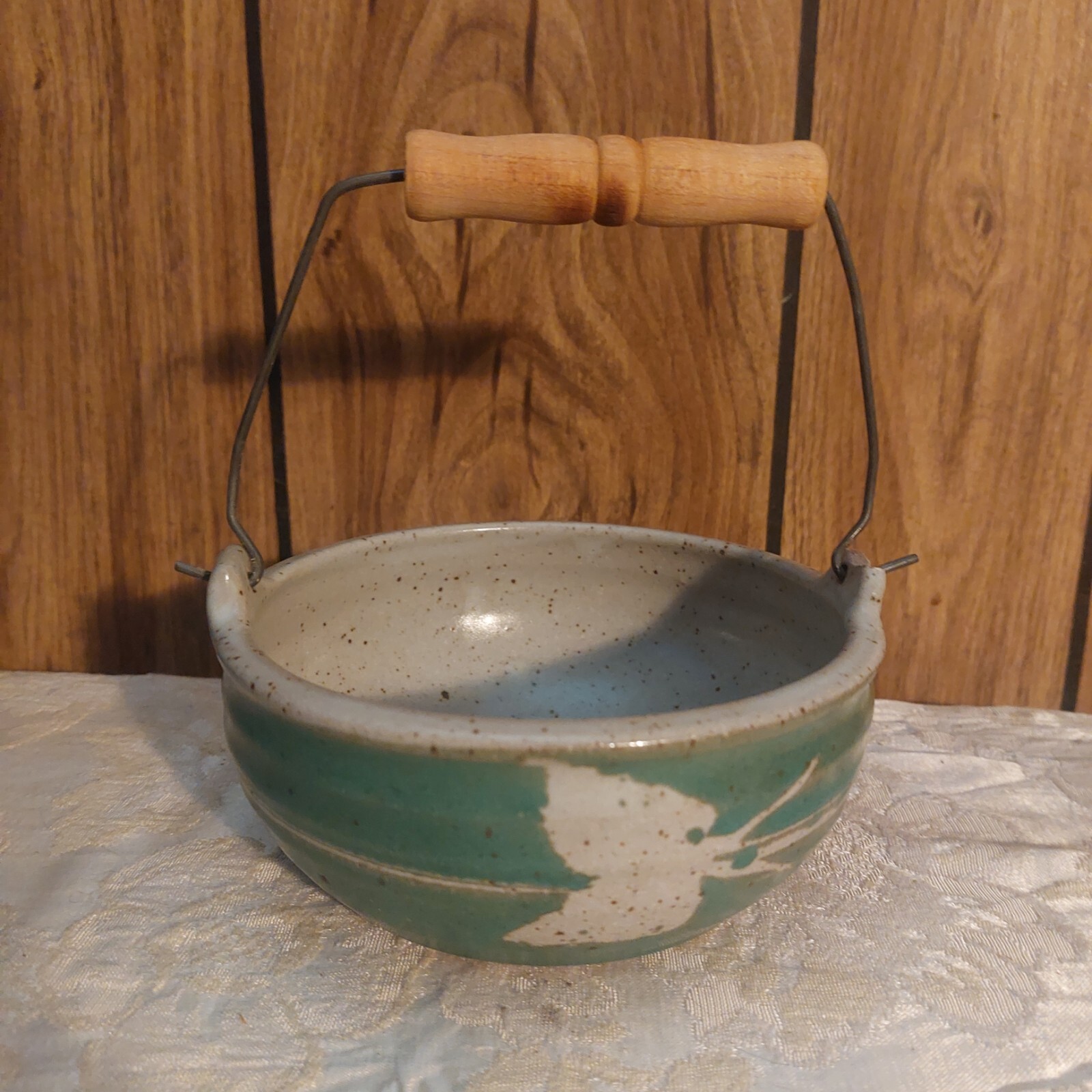 Stoneware Bail handle bowl signed small, miniature, green, tan and grey
