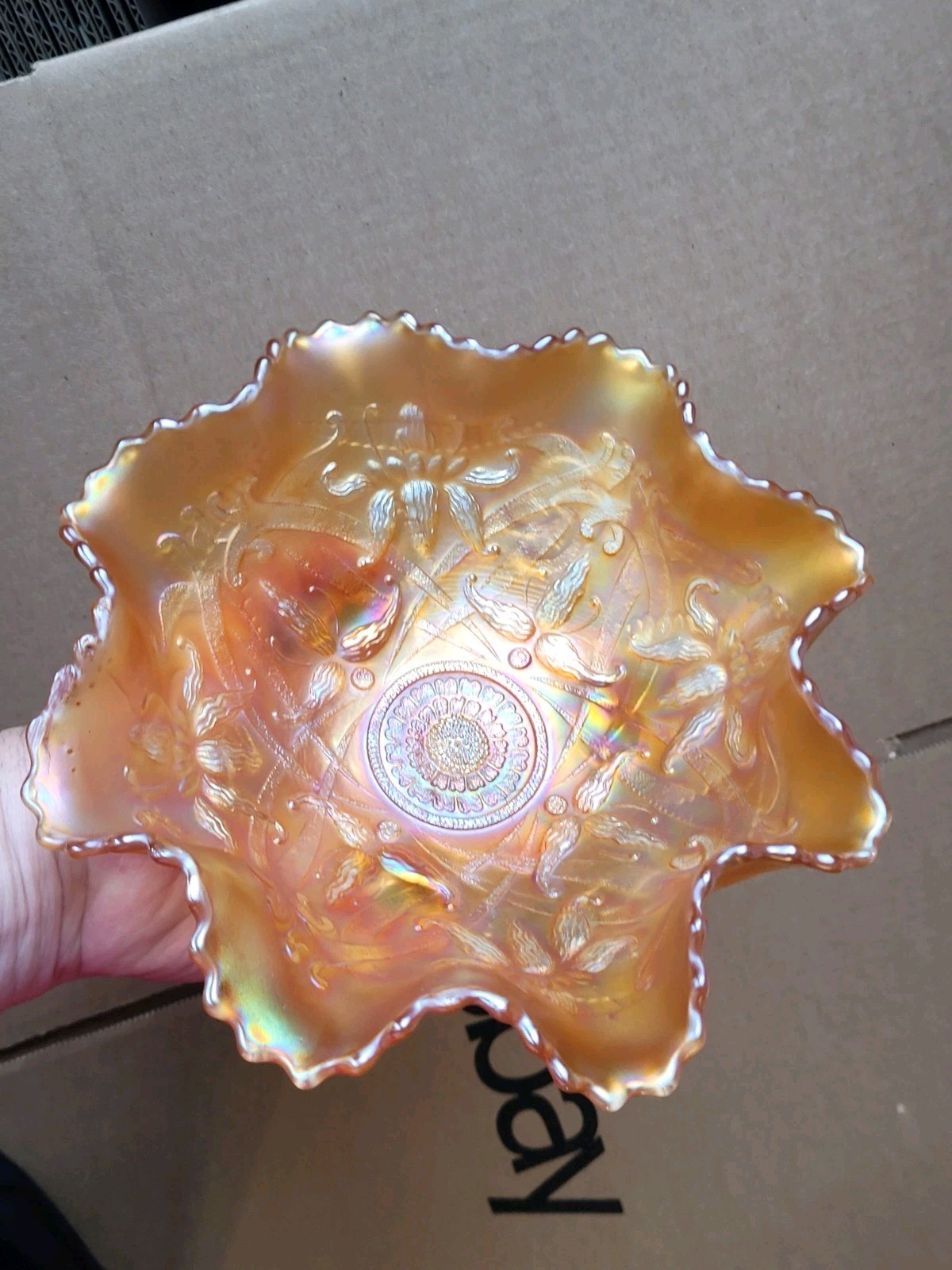 Pretty Marigold Northwood Carnival Glass Wishbone Bowl Ruffles n Rings EX.