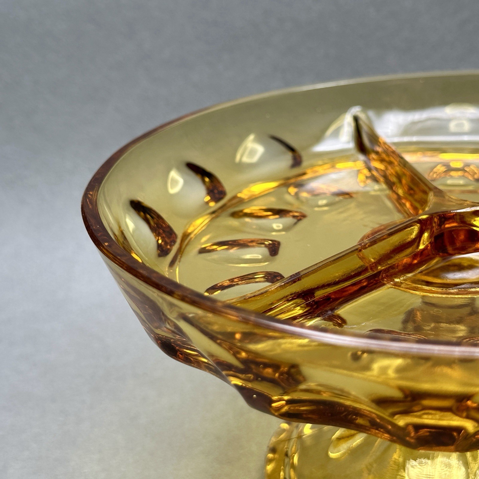 Vintage Hazel Atlas Golden Amber Glass 3 Part Divided Pedestal Serving Dish