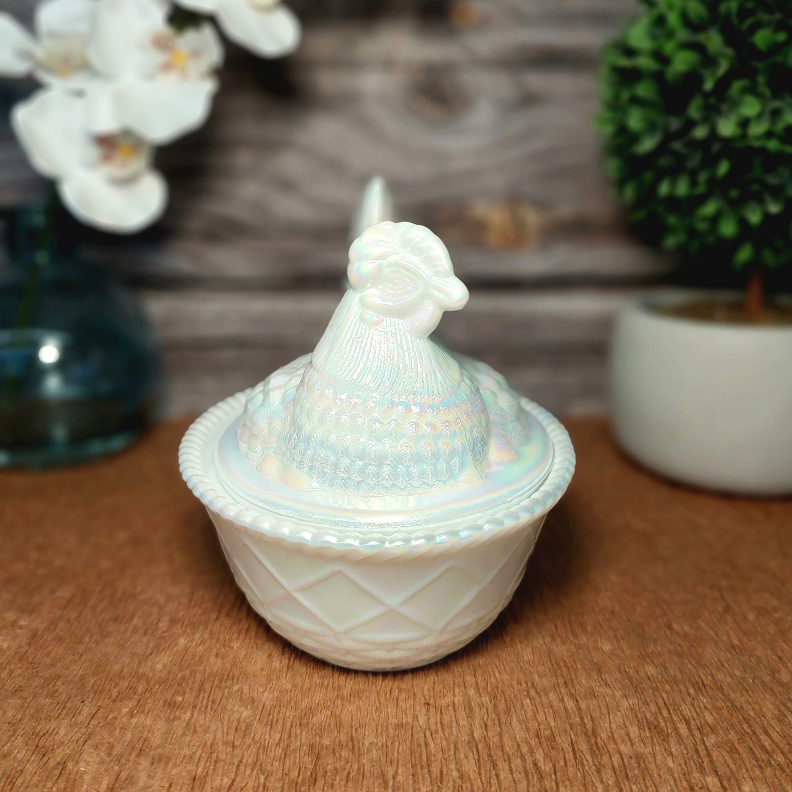 Pearl Carnival Glass Hen on Nest Chicken Candy Dish, Depression Style, VTG Decor