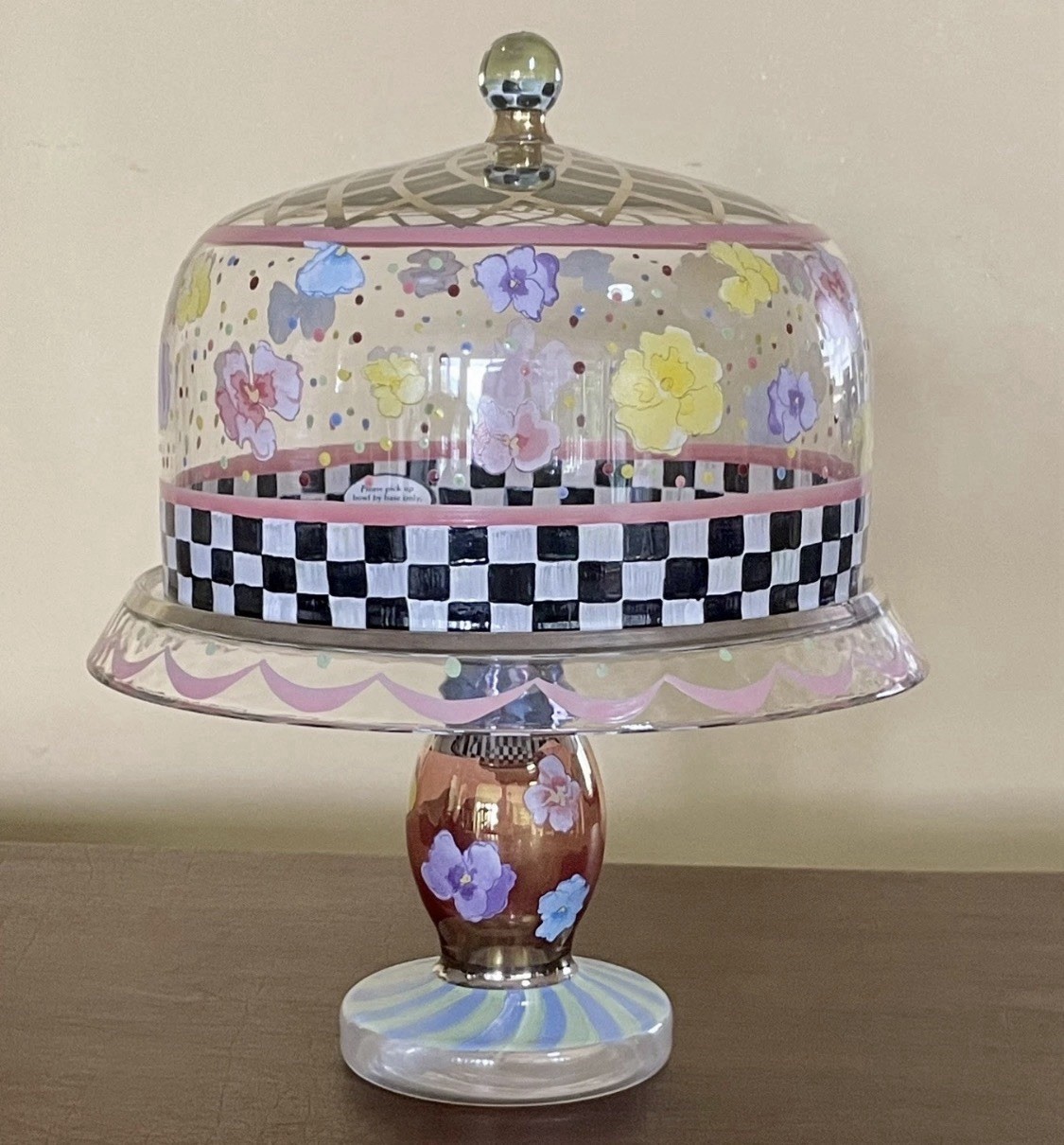 Mackenzie Childs Pansy Glass Pedestal Cake Stand and Dome HTF Excellent