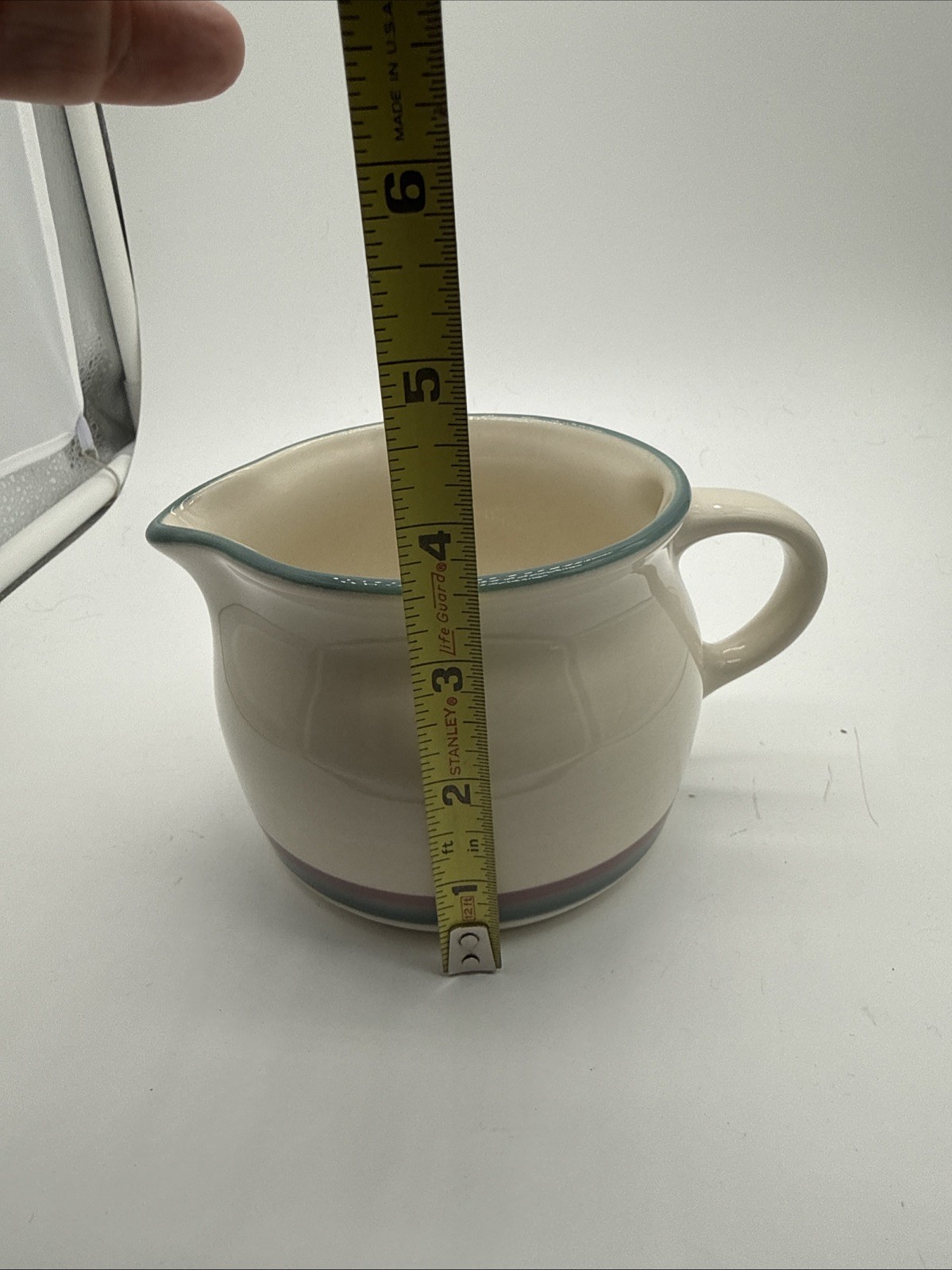 Pfaltzgraff Juniper Creamer Saucer Pitcher Ivory Green / Mauve Bands Made In USA