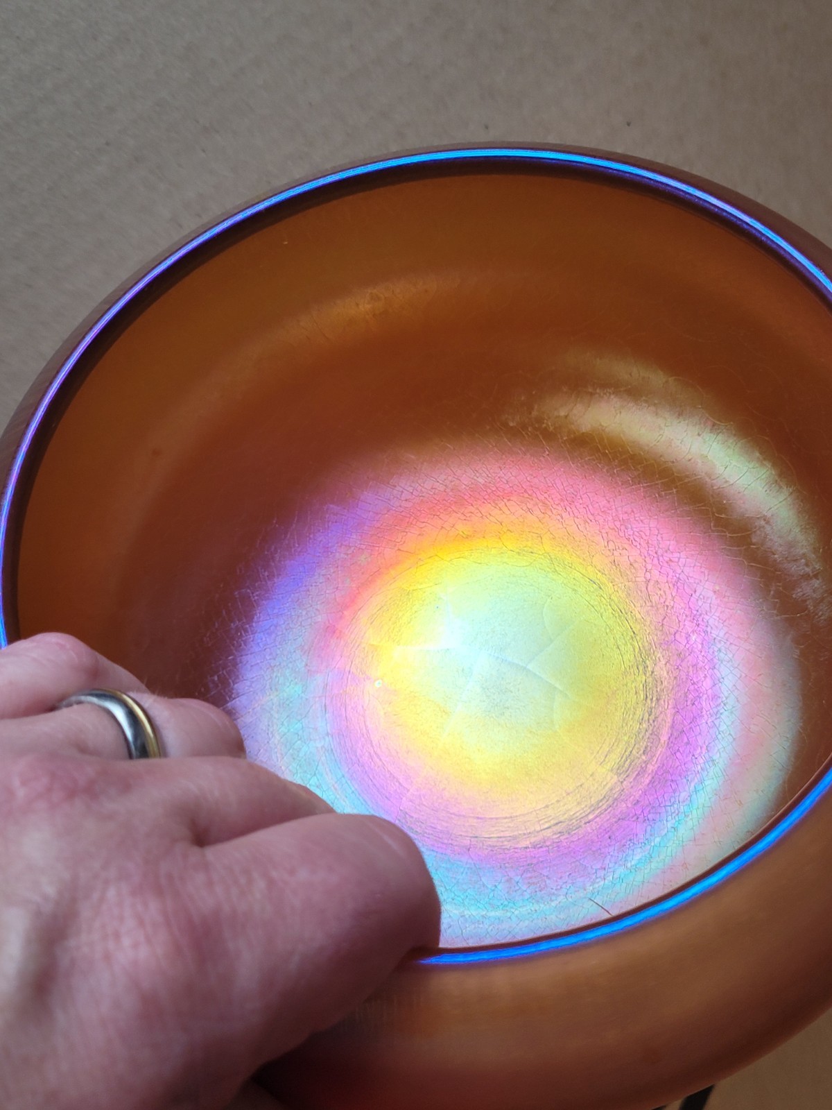 Stretch Art Glass Marigold Imperial Jewels Cupped Top Bowl Iron Cross Signed