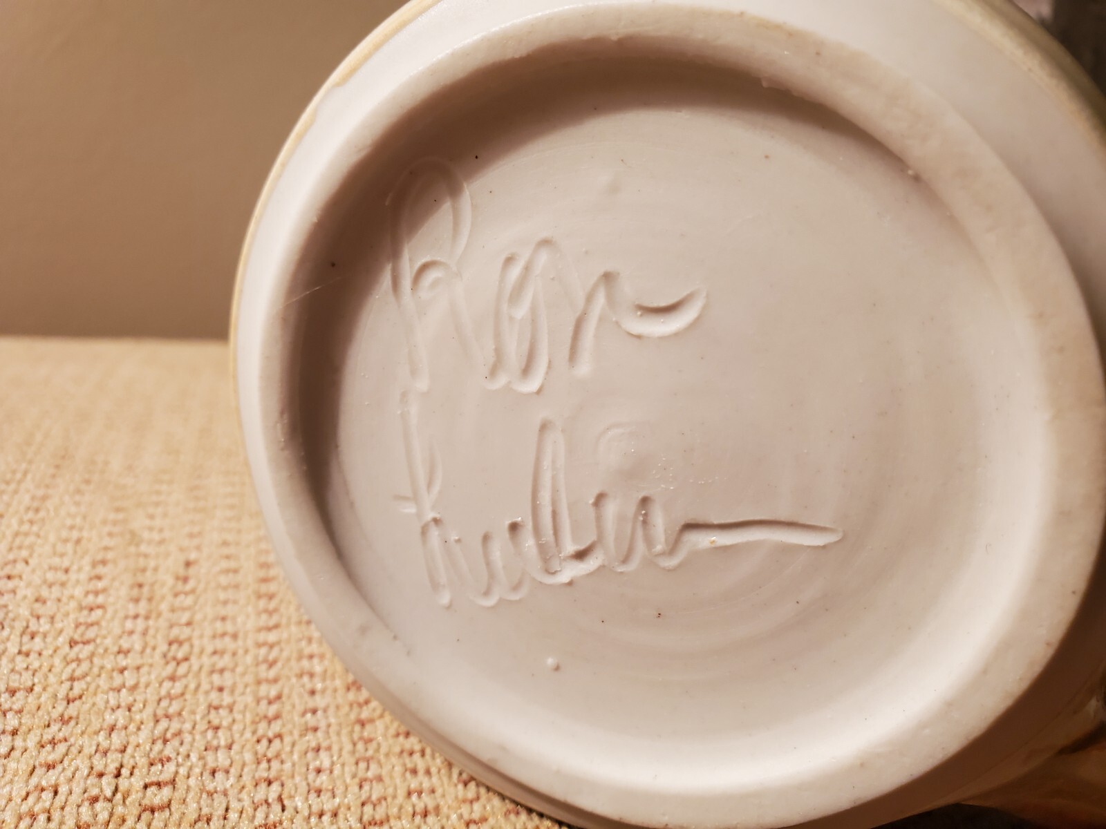 Art Pottery Mug Brown Tan Blue Gray Signed Ron Hulu or Lulu Possibly Studio Art