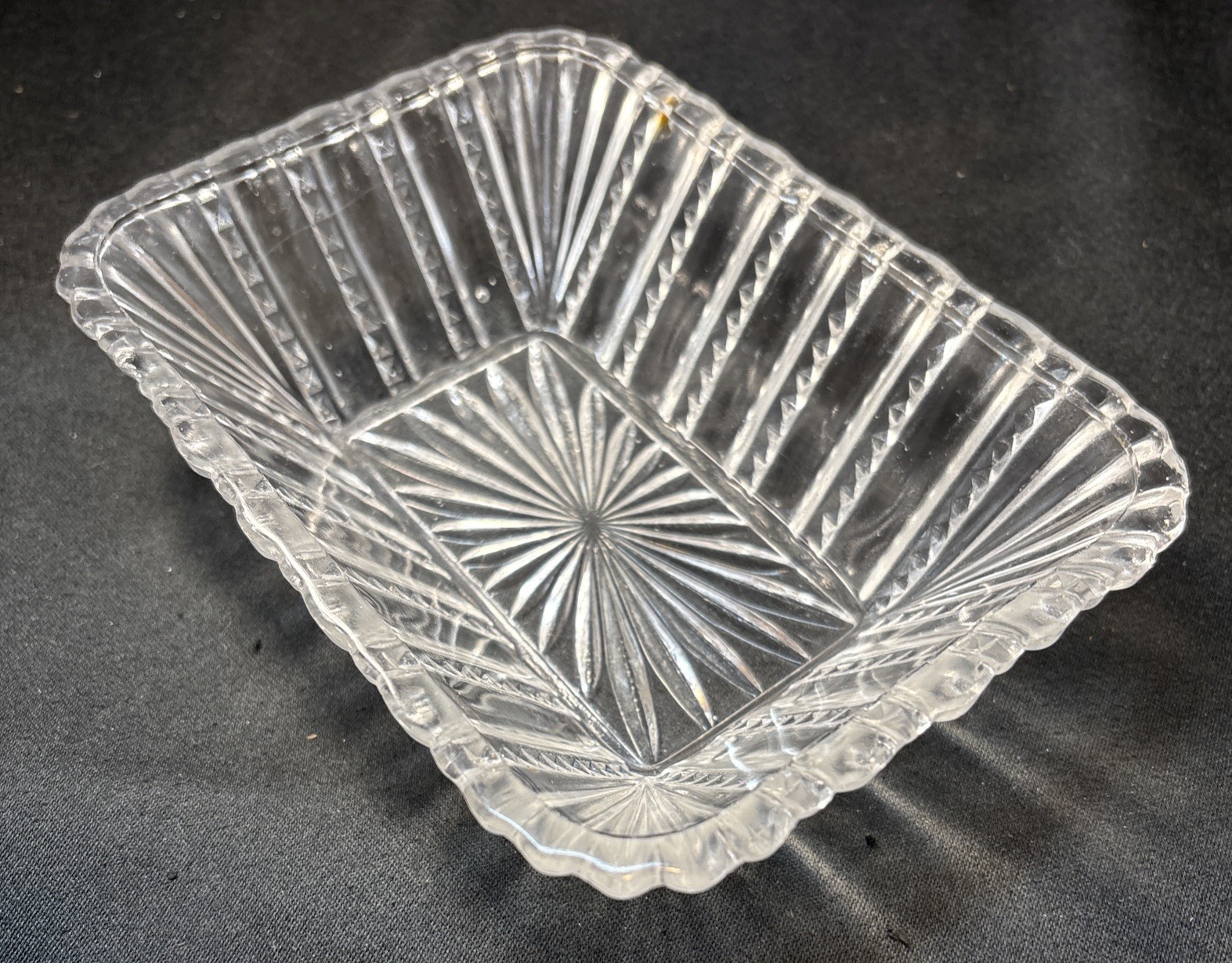 Antique Early 1900’S Pressed Glass Candy Dish Sunburst Clear 7”X5”Rectangular