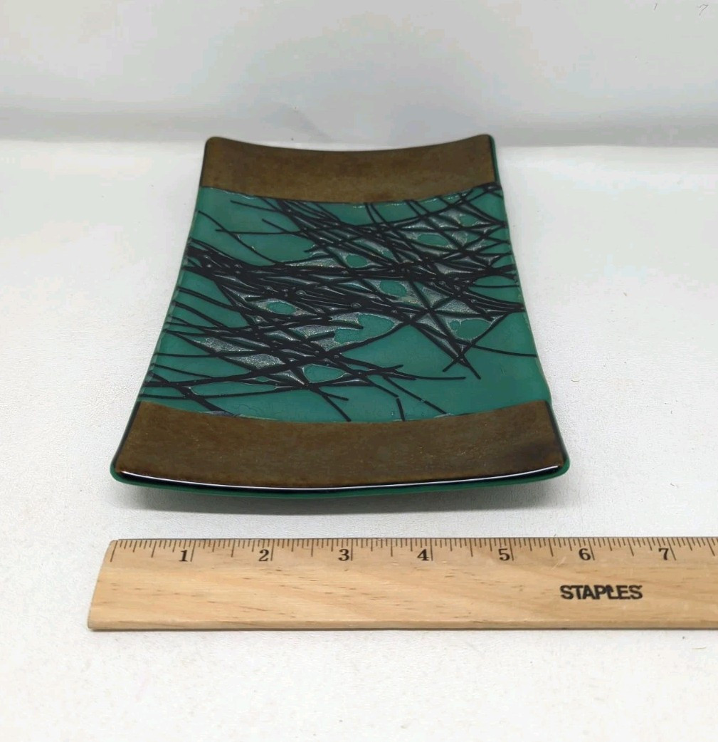 Kurt McVay Signed Fused Art Glass Iridescent Tray Green Black Bronze 9×6 Sushi