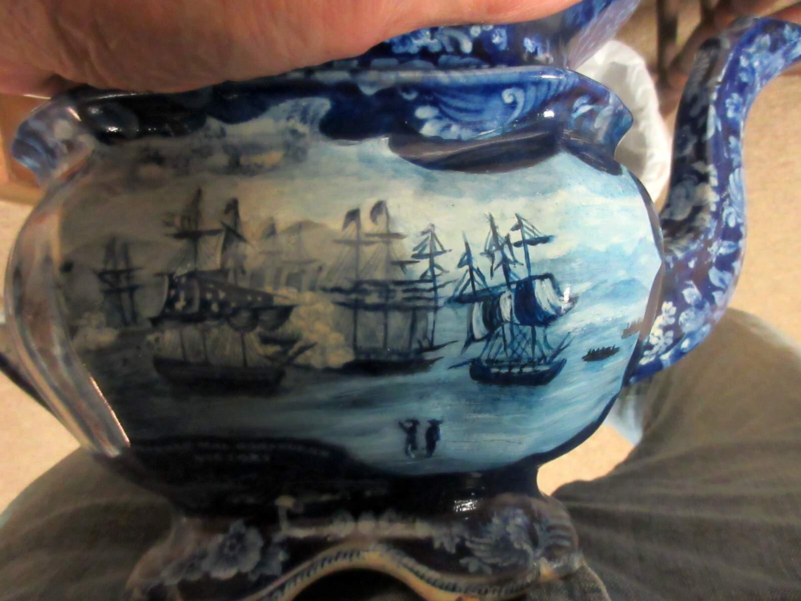 ANTIQUE HISTORICAL BLUE TEAPOT “MCDONOUGH’S VICTORY” AMERICAN VIEW , WAR OF 1812