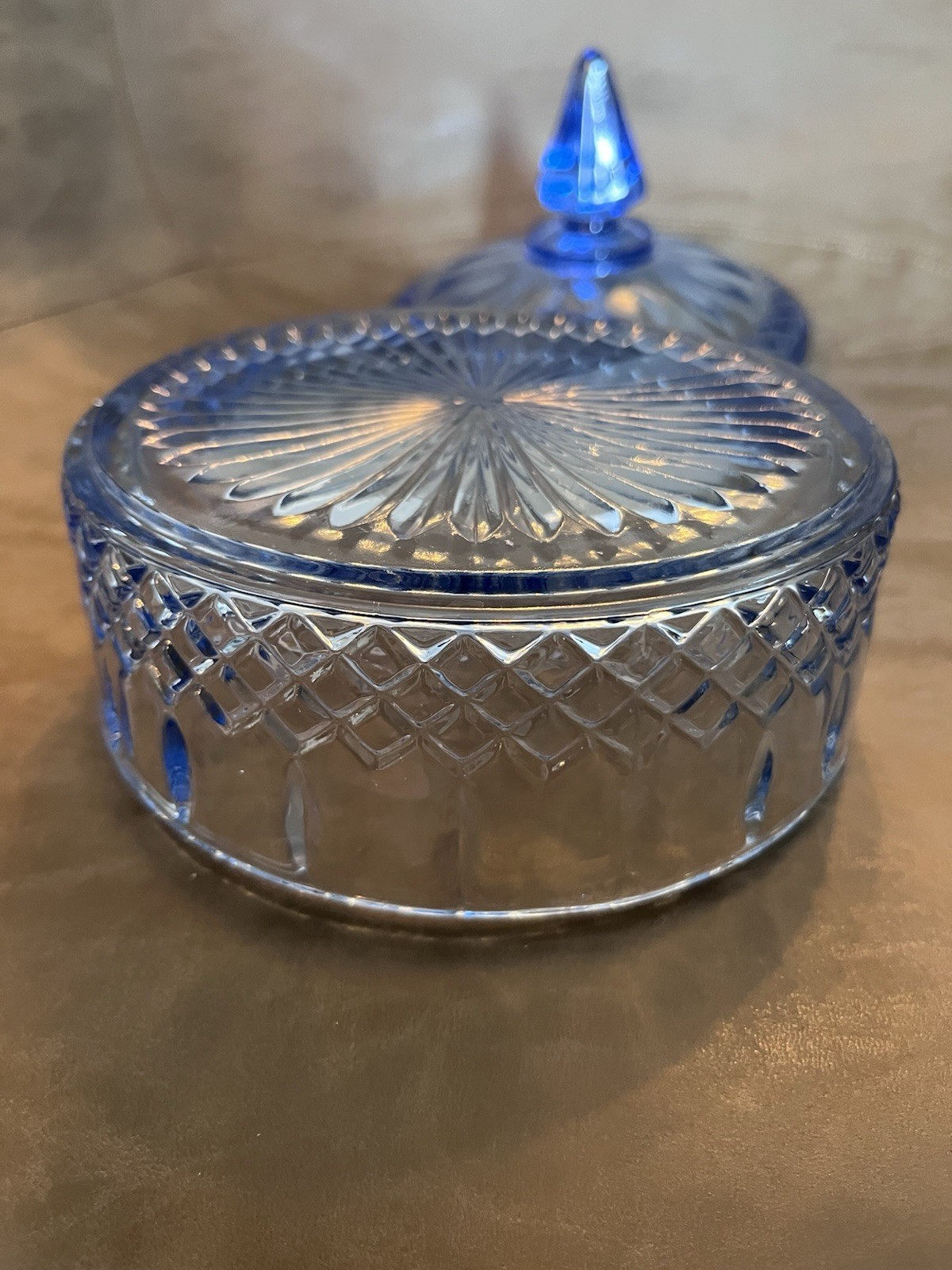 Vintage Indiana Princess Glass Ice Blue Covered Candy Dish Diamond Point Trinket