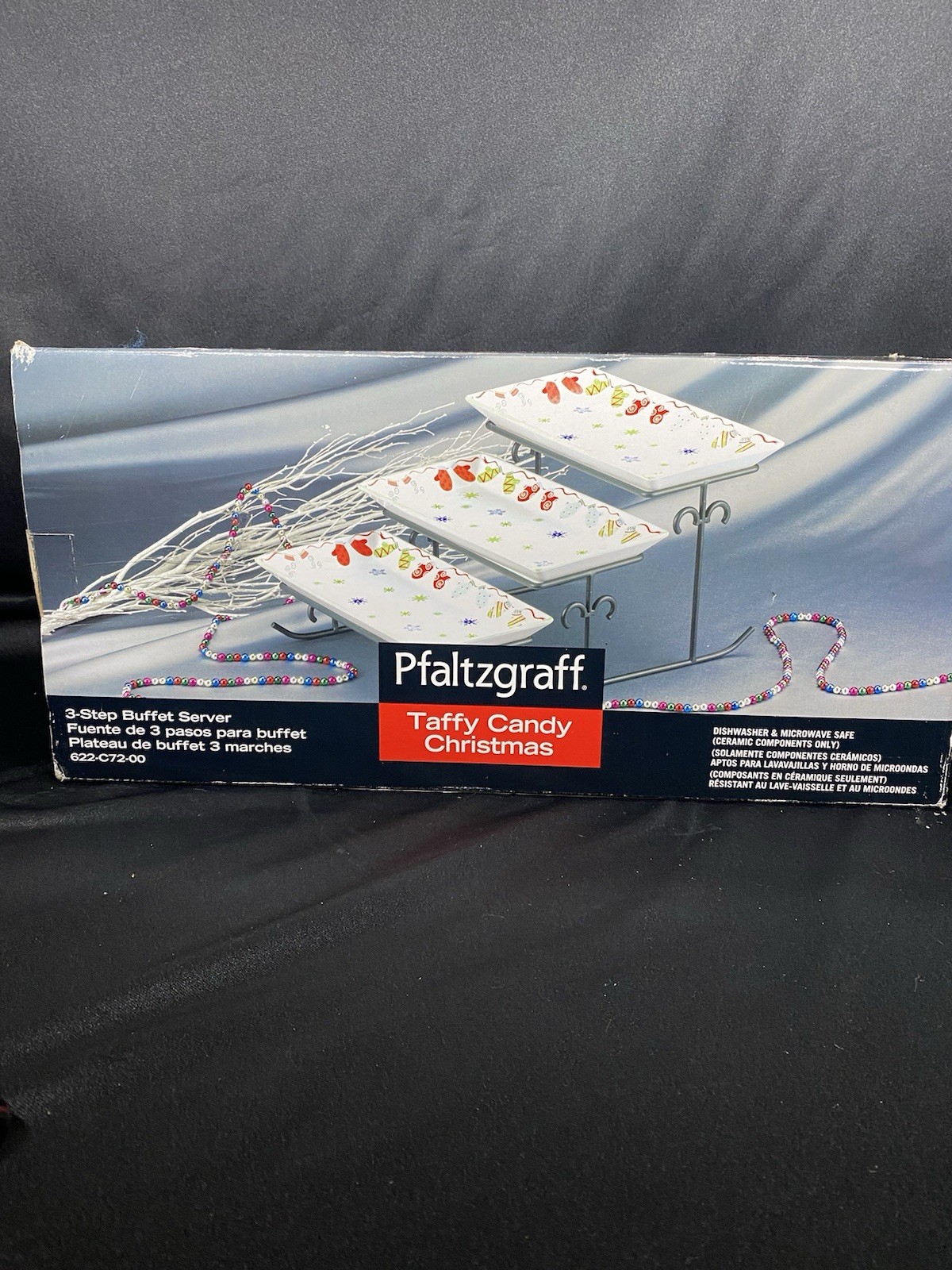 Pfaltzgraff Taffy Candy Christmas 3 Step Sleigh Buffet Server W/ Metal Stand