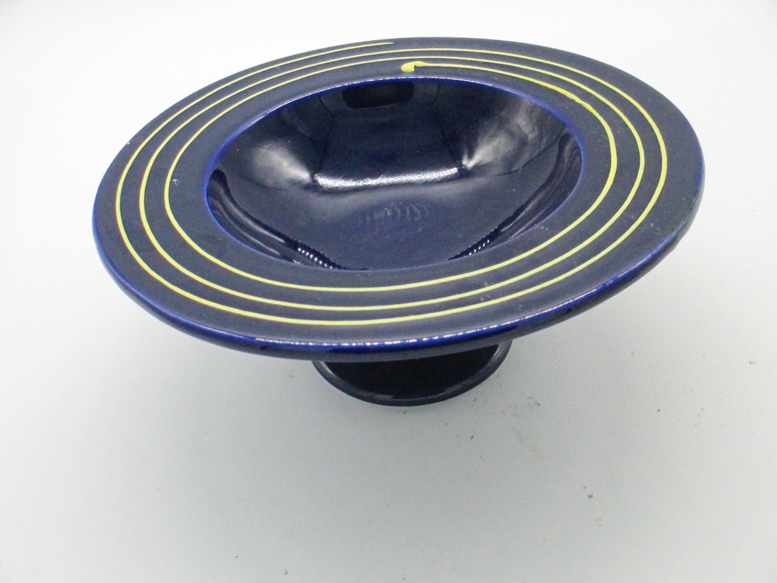 Haeger Ceramic Cobalt Blue and Yellow Pedestal Compote Candy Dish-Gorgeous