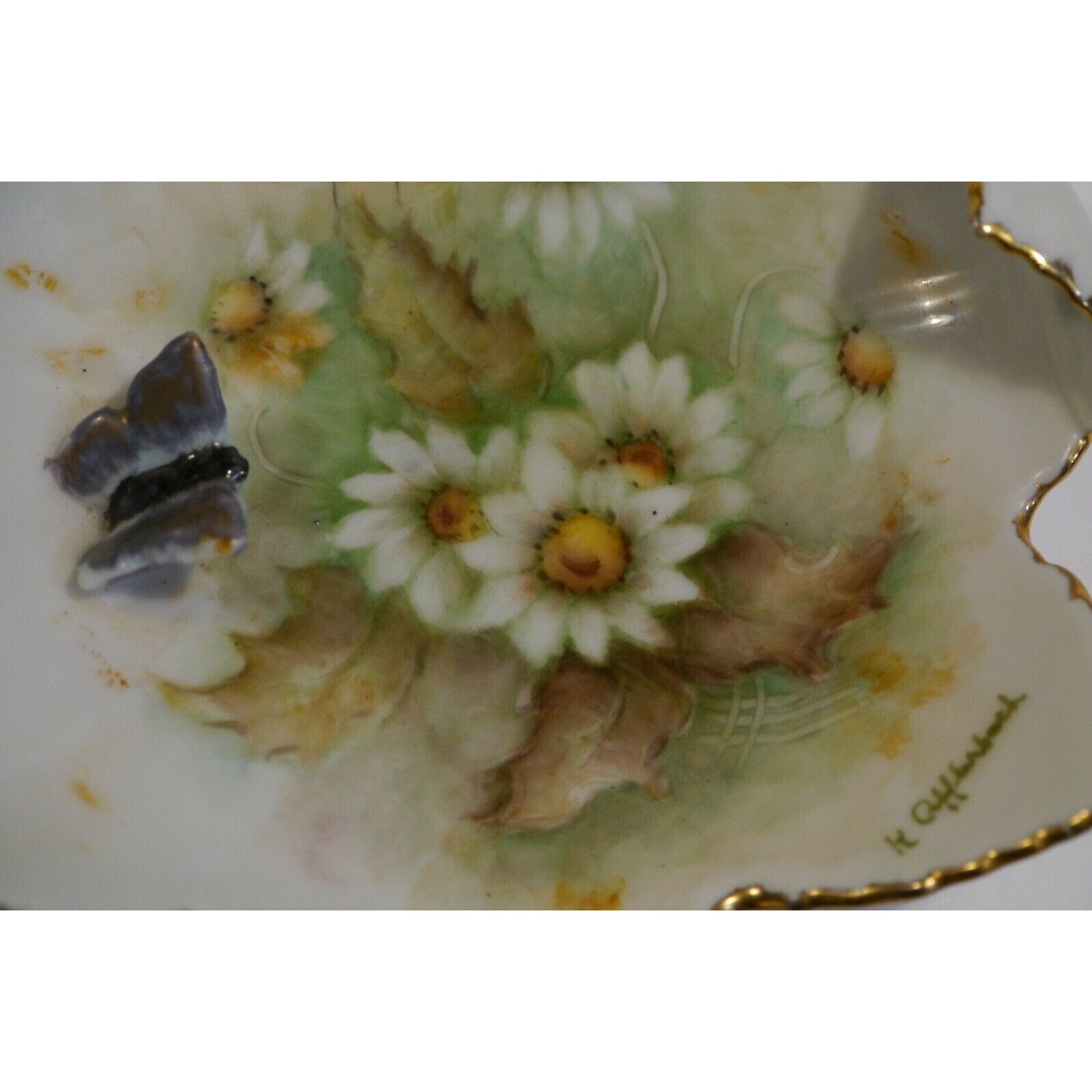 Trinket Dish Hand Painted Porcelain Flower Applied Raised Butterfly signed Vntg