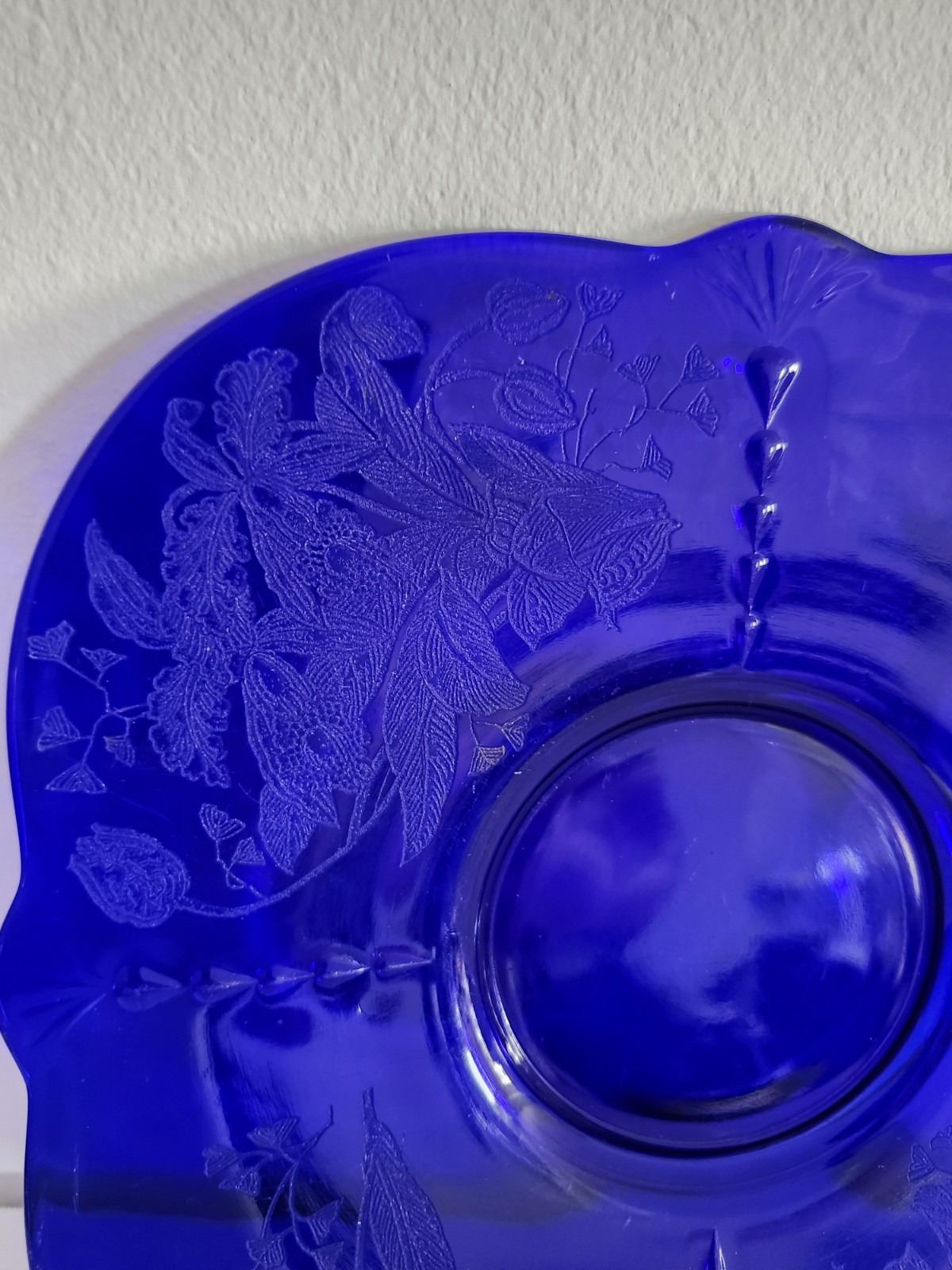 Paden City 10″ Cobalt Blue Glass Square Console Tray plate Orchids Crows feet