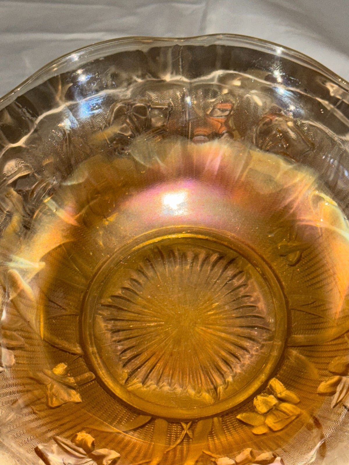 Jeanette Glass Iris and Herringbone Marigold Carnival Iridescent 9.5″ Bowl