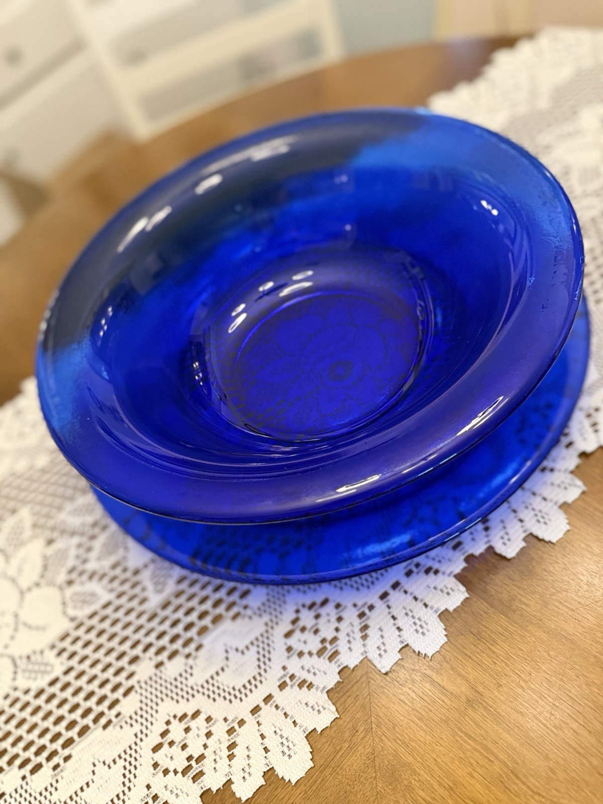 VTG Italy Cobalt Blue Texture Glass Centerpiece Set 15” Platter 13” Serving Bowl