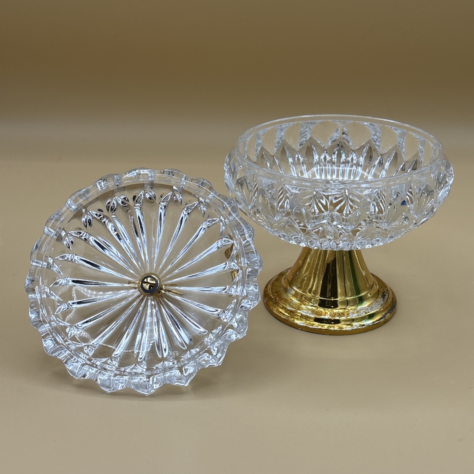 MCM West Germany Hand Cut Crystal Diamond Point Pedestal Compote Dolphin Finial