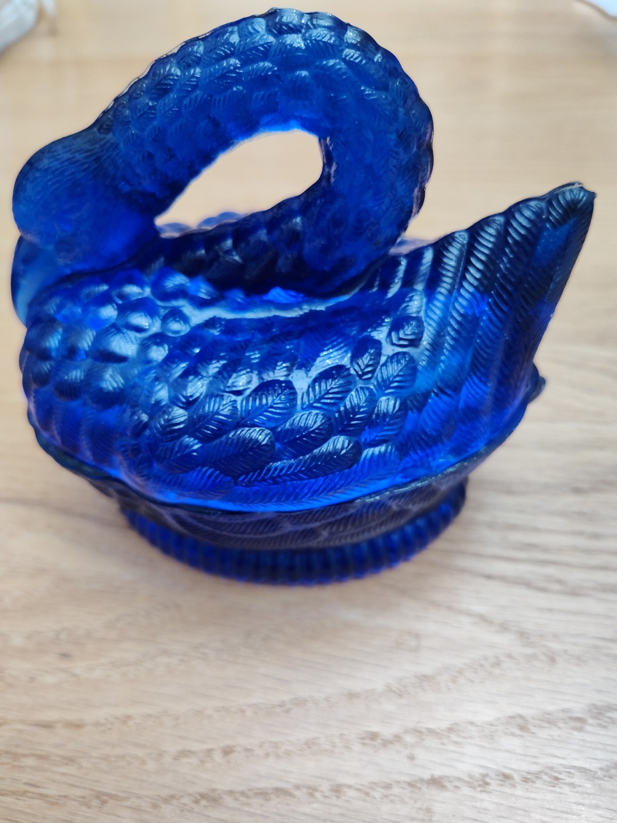 Vintage Cobalt Blue Glass Swan on Nest Covered Candy Dish Raised H Diamond Mark