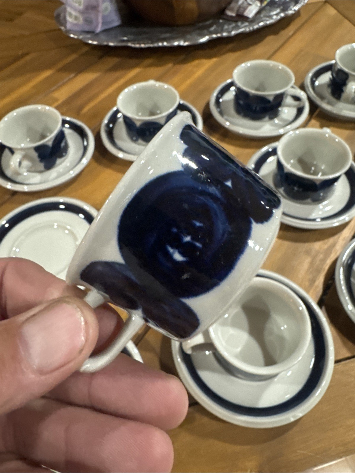 Set Of 12 Arabia Finland Anemone Blue Coffee Tea Mug Cups & Saucers 3 1/2″ Rare