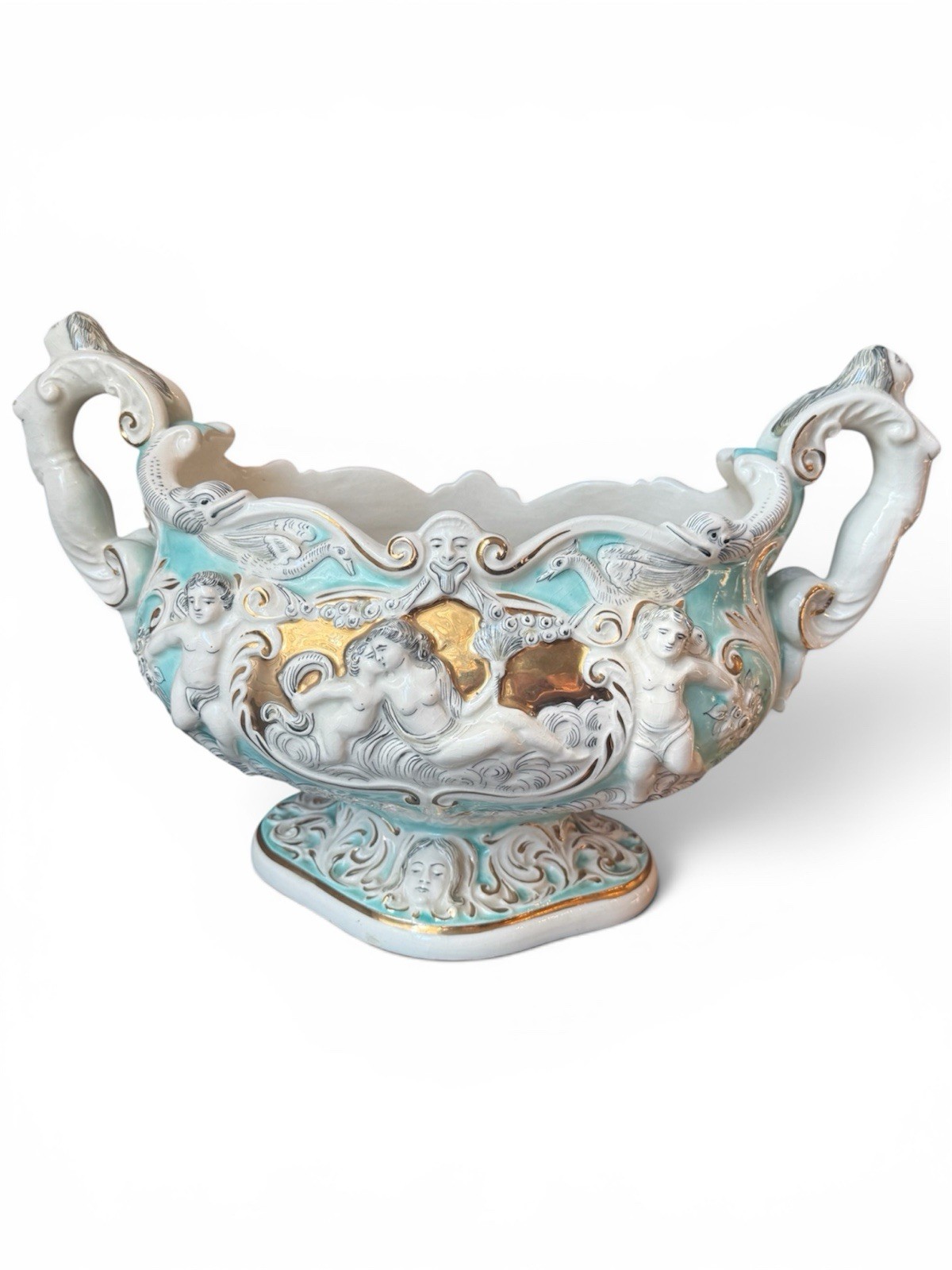 Very Rare Ardalt Capodimonte Mermaid Cherub Italian Porcelain Centerpiece Bowl