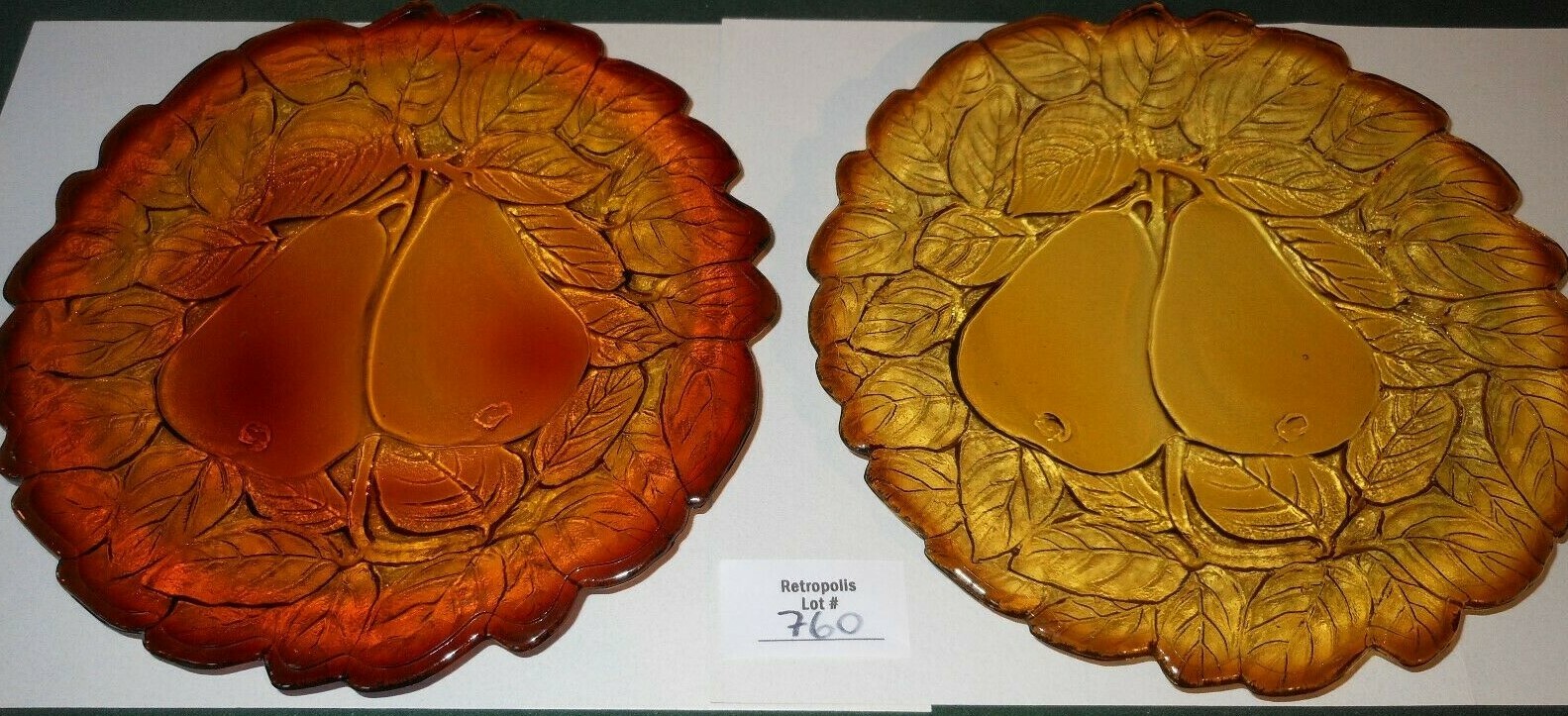 2 Tiara Indiana Glass 8″ Plates Burnt Honey SWEET PEAR Avocado
