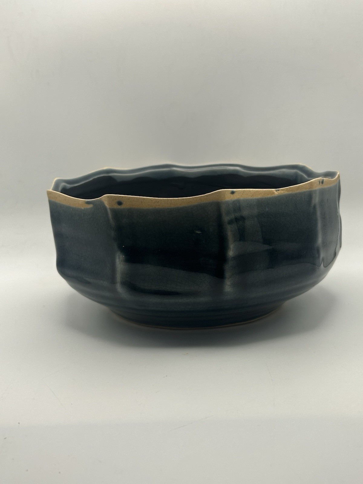 Studio Pottery Hand Crafted Tan & Blue Drip Glaze Stoneware Ceramic Bowl USA