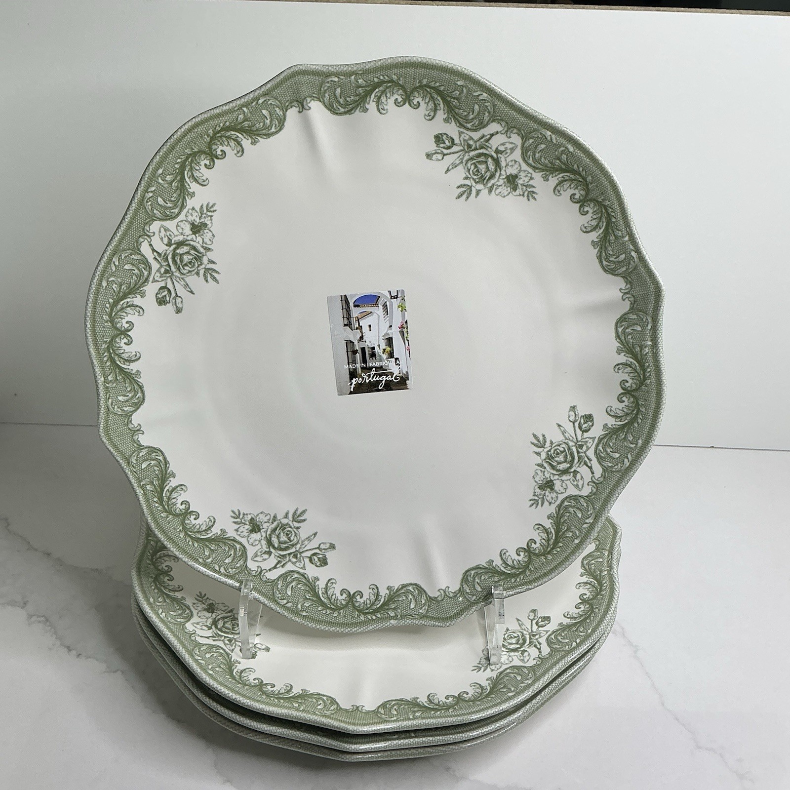 4 Matceramica Stoneware Dinner Plates Green Rose Scalloped 11” Portugal New