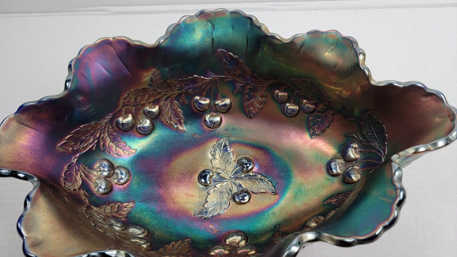 Carnival Glass Dugan WREATHED CHERRY Amethyst Oval Bowl Purple Ruffled Lot Of 3