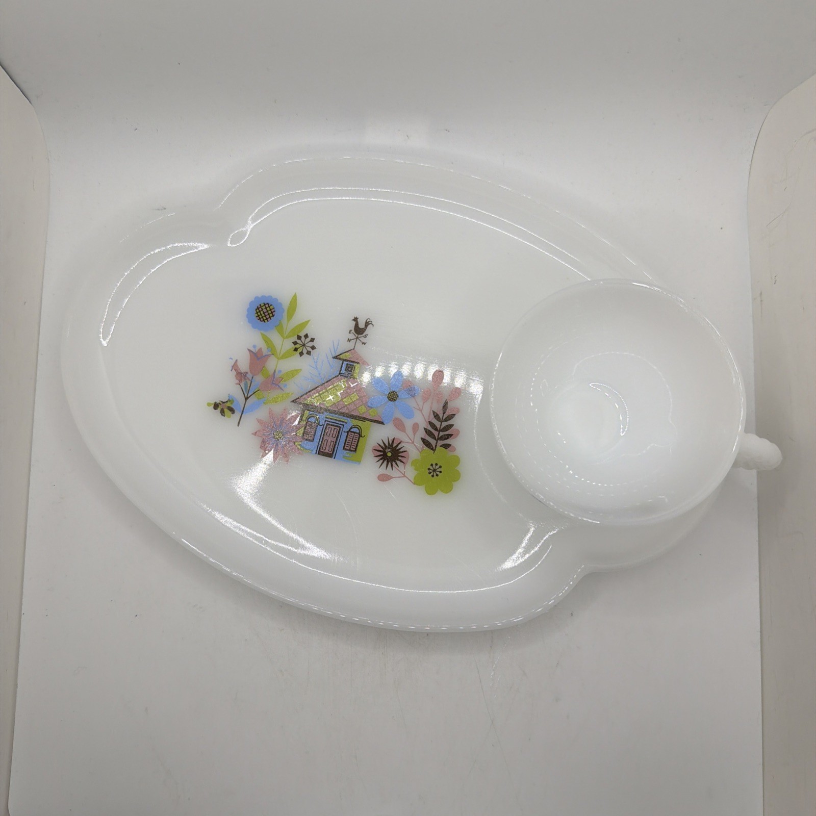 1950’s Federal Glass Company Milk Glass Chalet Snack Set Plate & Cup Vintage