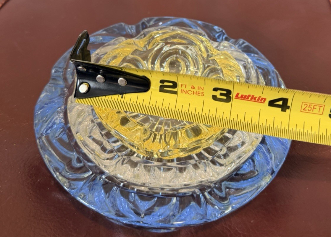 Set of 3 ashtrays Glass Bowls Blue Clear Yellow Pattern 5in Round