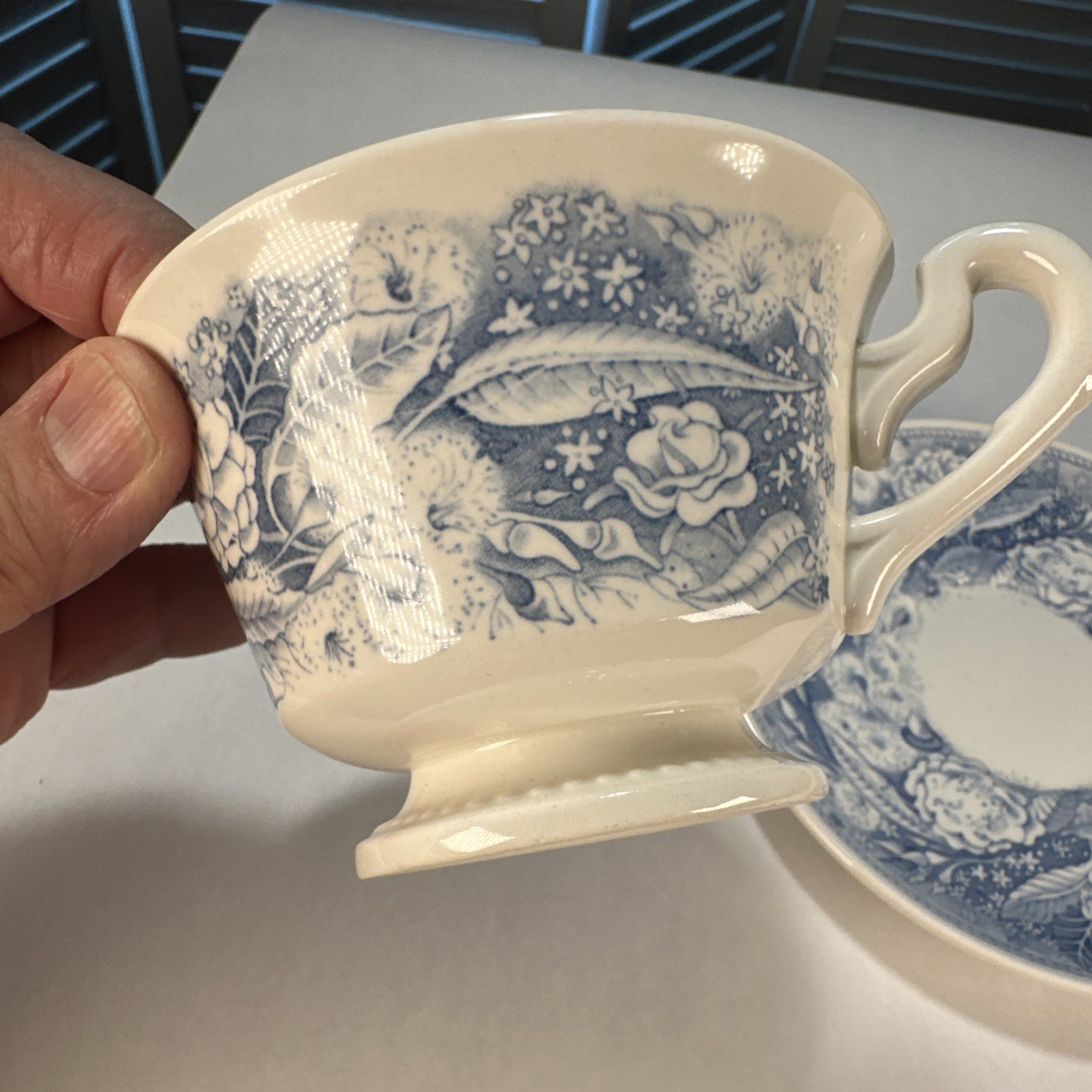 Vintage Wedgwood Pomona College Footed Cup & Saucer Blue White England