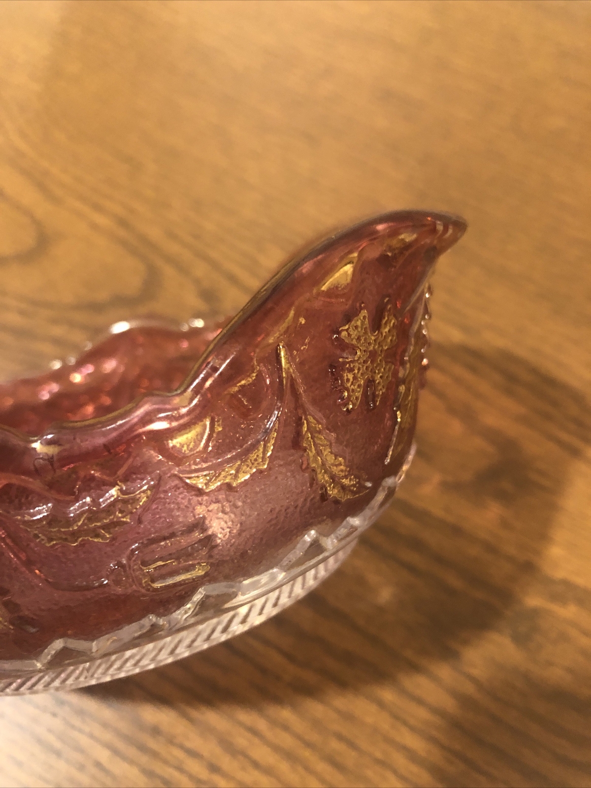 Vintage Purple Glass Bowl Floral Design with Gold Accents Oblong 5 1/2 Inches