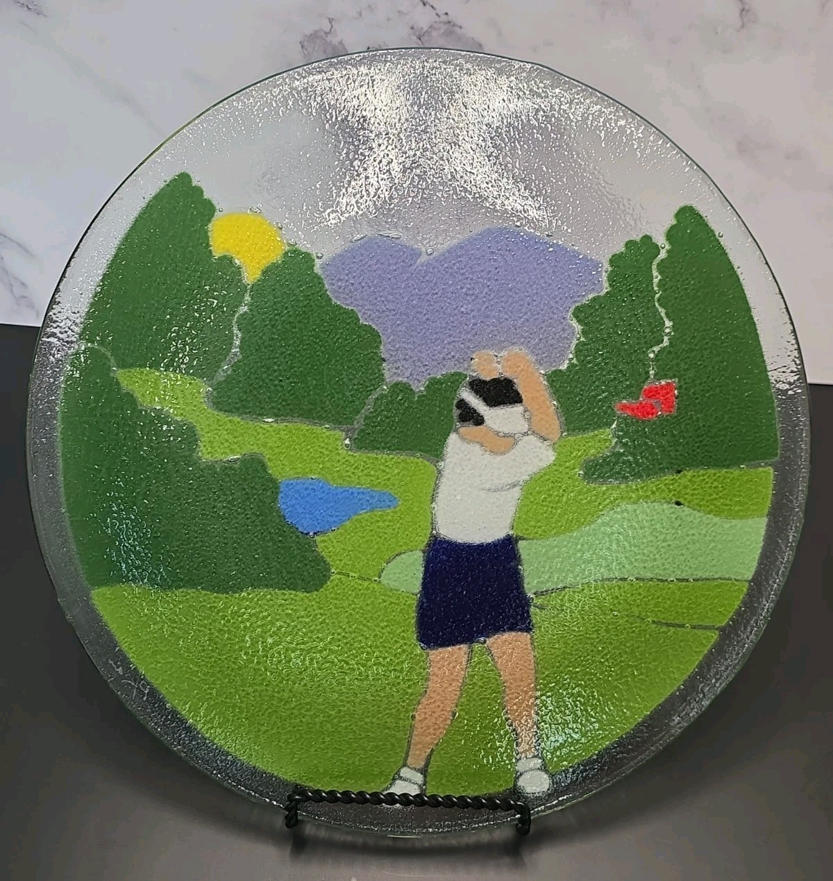 Vintage Peggy Karr Signed Fused Glass Lady Woman Golfer Plate 11.25″ Golf