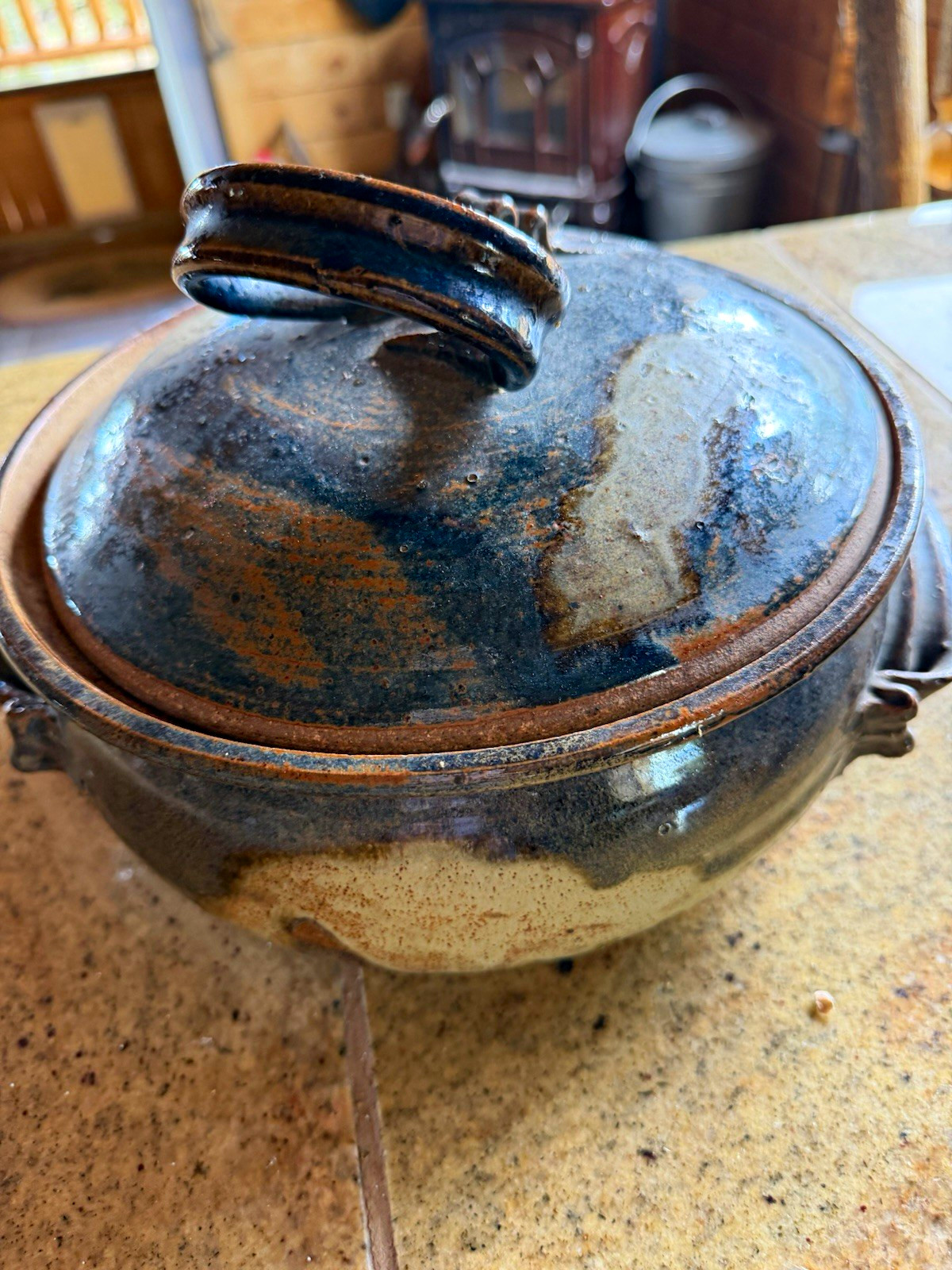 Handmade Pottery Stoneware Round Lidded Casserole w/ Handles Brown Blue