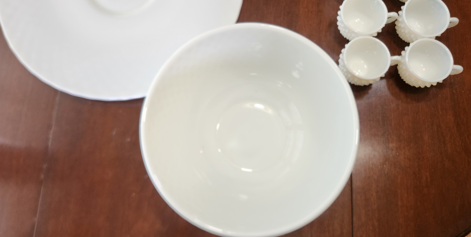 Vintage Fenton Hobnail Milk Glass Punch Bowl Set 9 Cups~