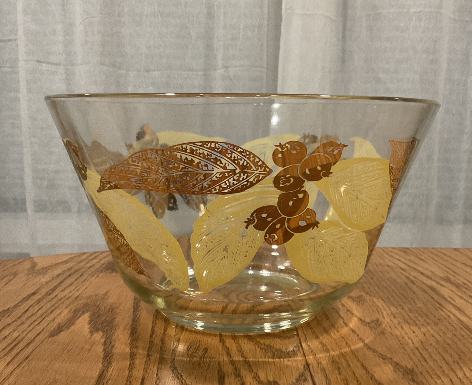 VTG Anchor Hocking Retro Gold Painted Fruit and Leaves MCM Glass Snack Bowl EUC