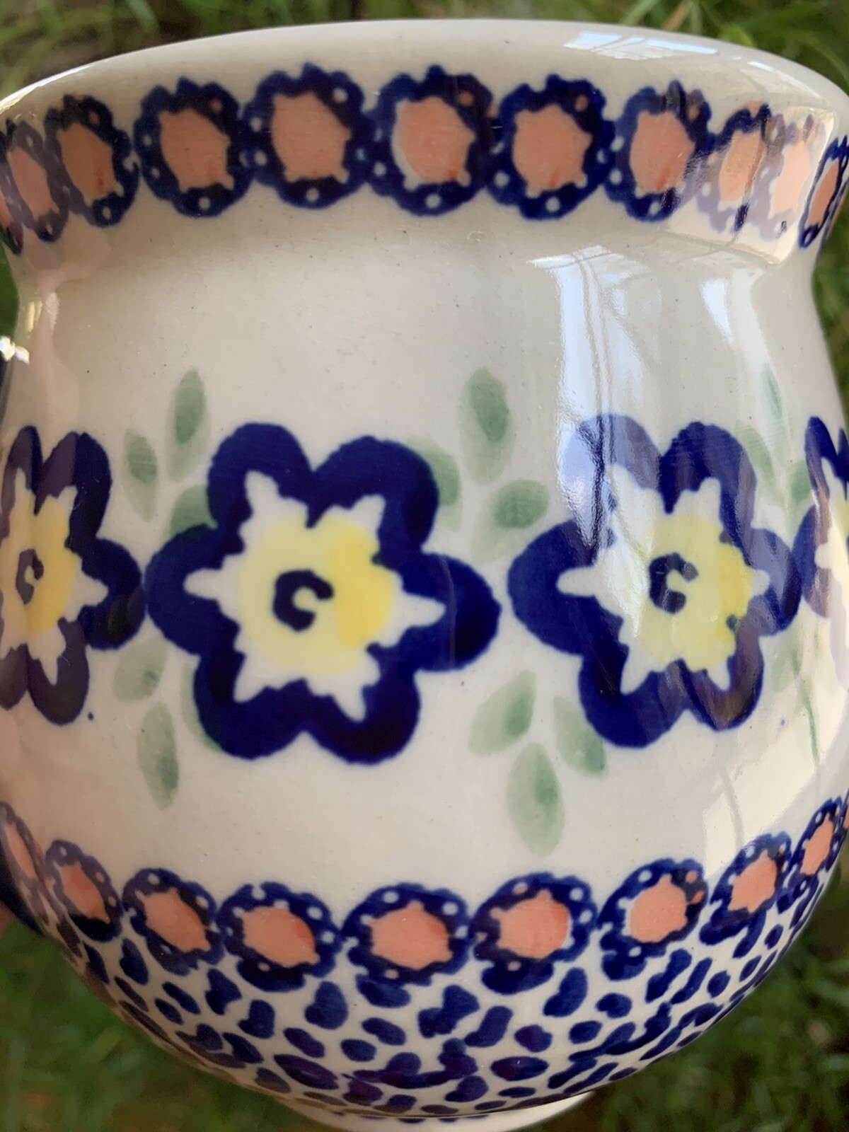 LARGE Boleslawiec Polish Pottery Bubble Mug Floral Artist Signed Blue 18 Oz NEW