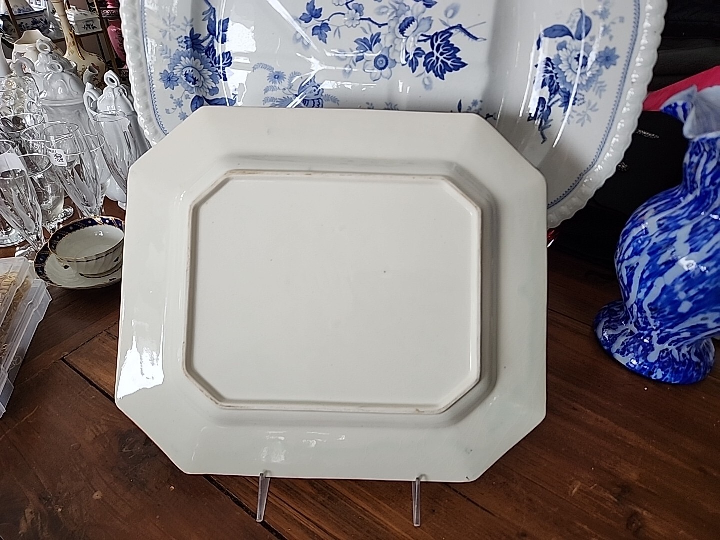 Blue Transferware Polychrome 13.5″ × 11.3/4″ Platter Florals