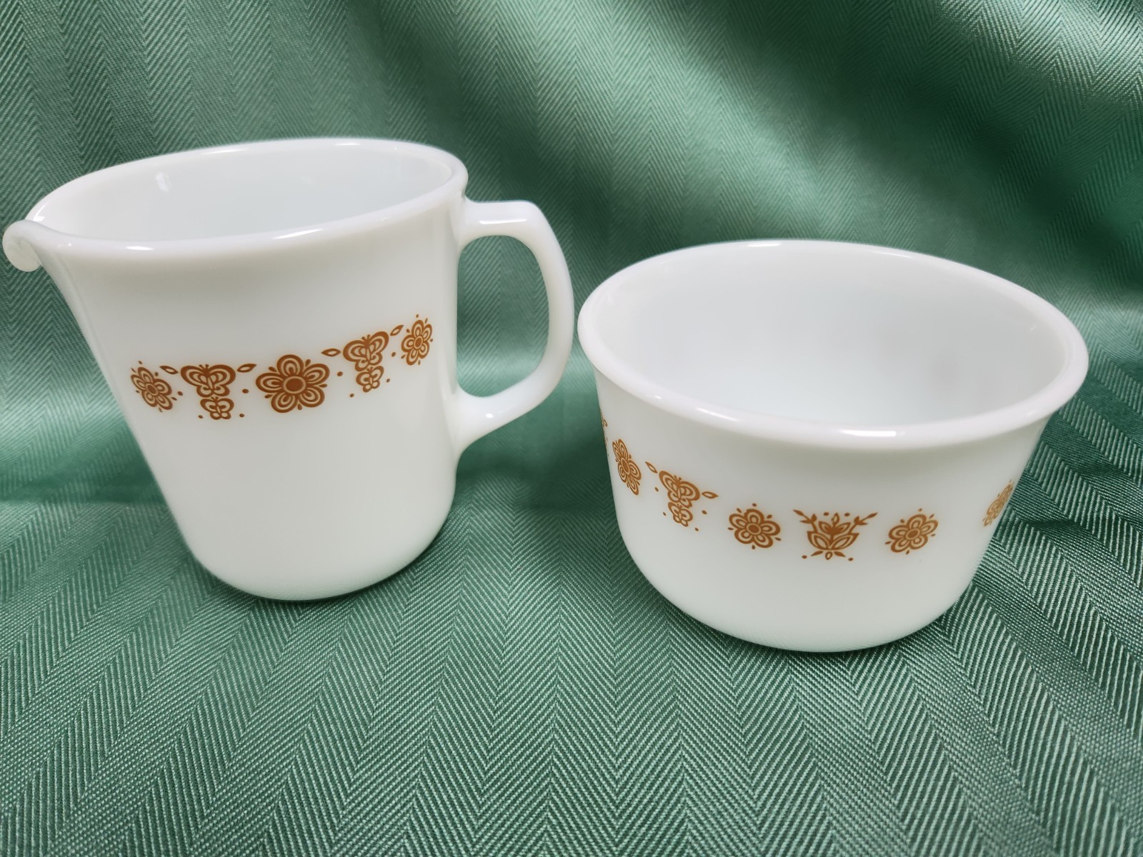 Vintage Pyrex Corning Butterfly Gold Creamer and Sugar Bowl Milk Glass